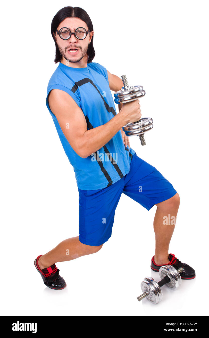 Funny guy with dumbbels on white Stock Photo Alamy