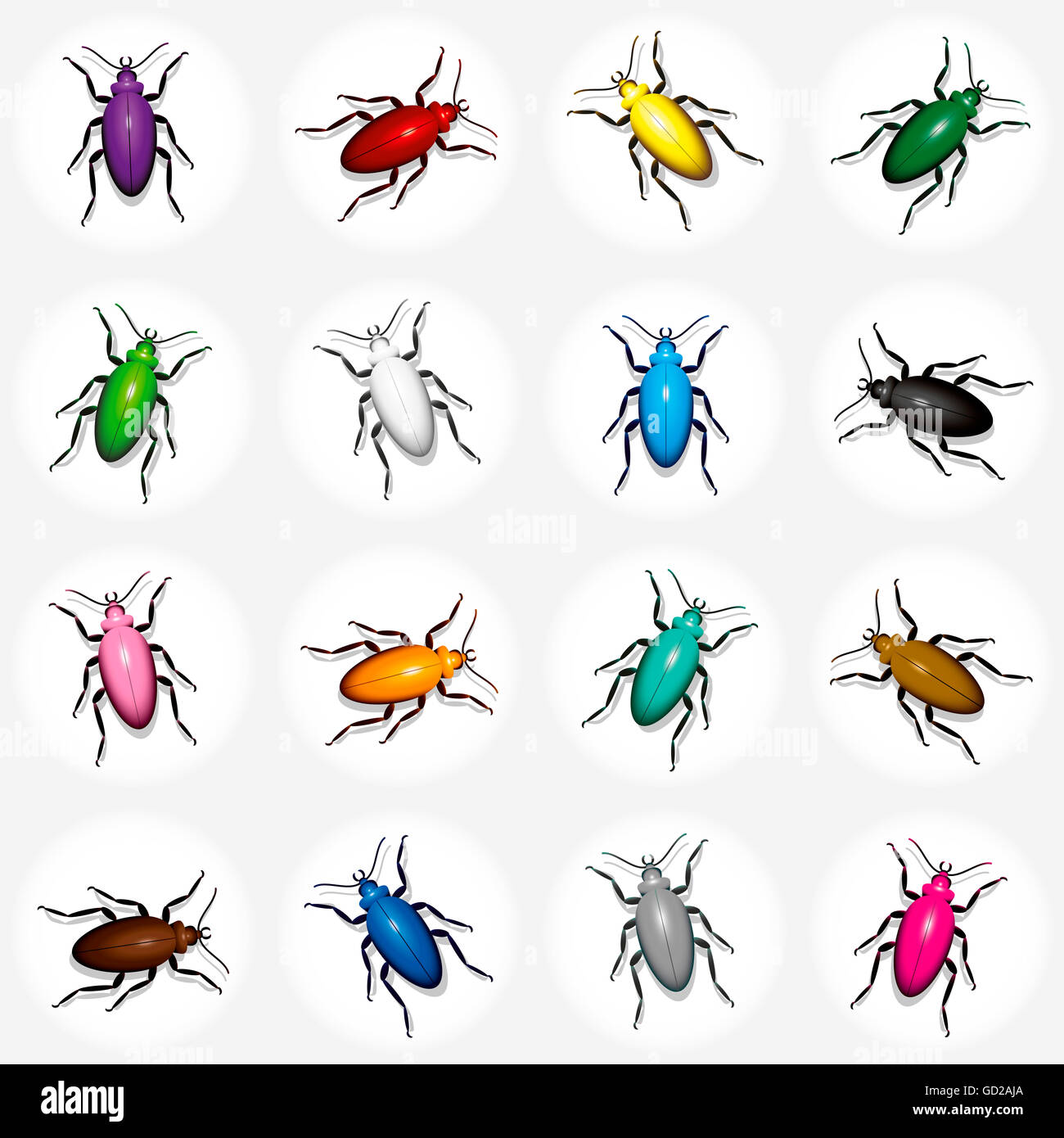 Beetles - colorful swarm of sixteen glossy bugs in spotlights. Stock Photo