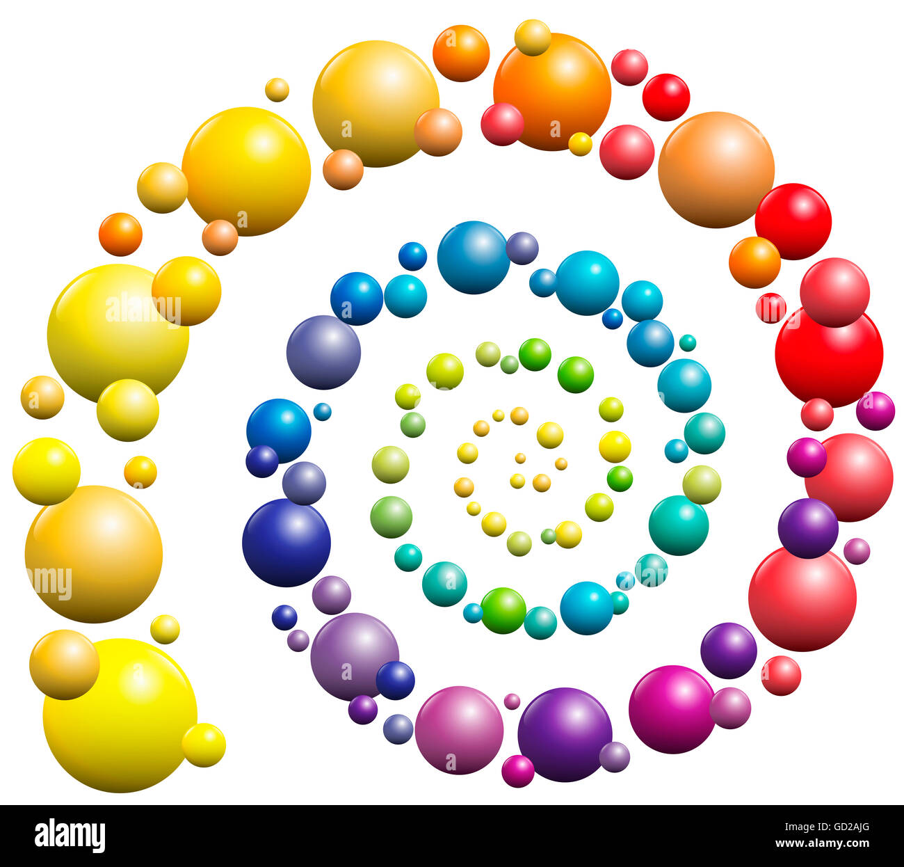 Rainbow gradient colored spiral pattern out of balls. Stock Photo