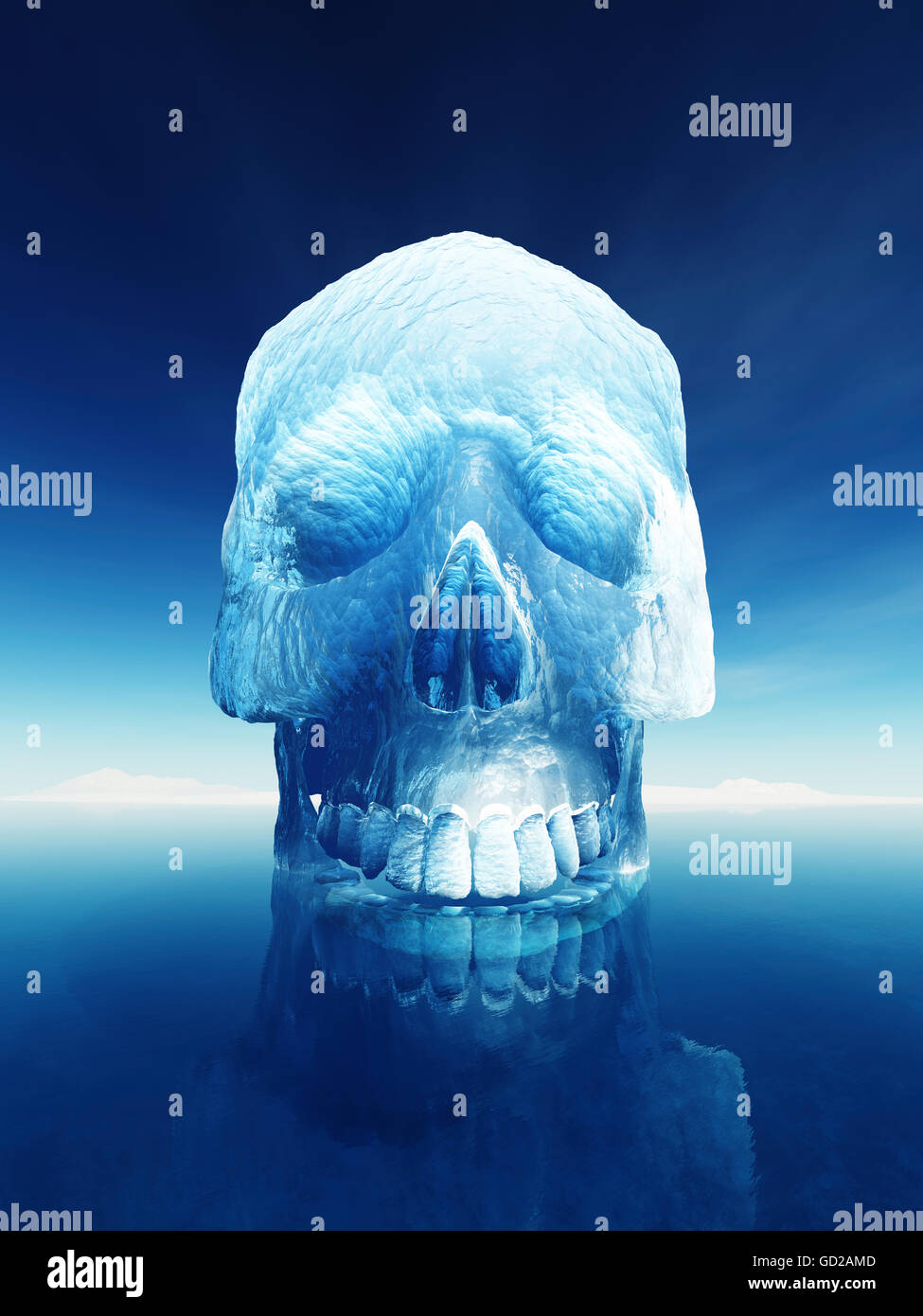 Iceberg in the shape of a human skull. Conceptual image of inherent danger of an iceberg or the arctic meltdown Stock Photo