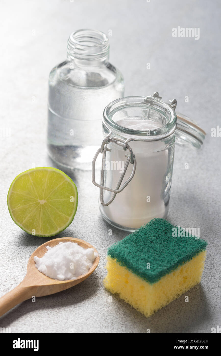 Natural cleaning tools lemon and sodium bicarbonate Stock Photo
