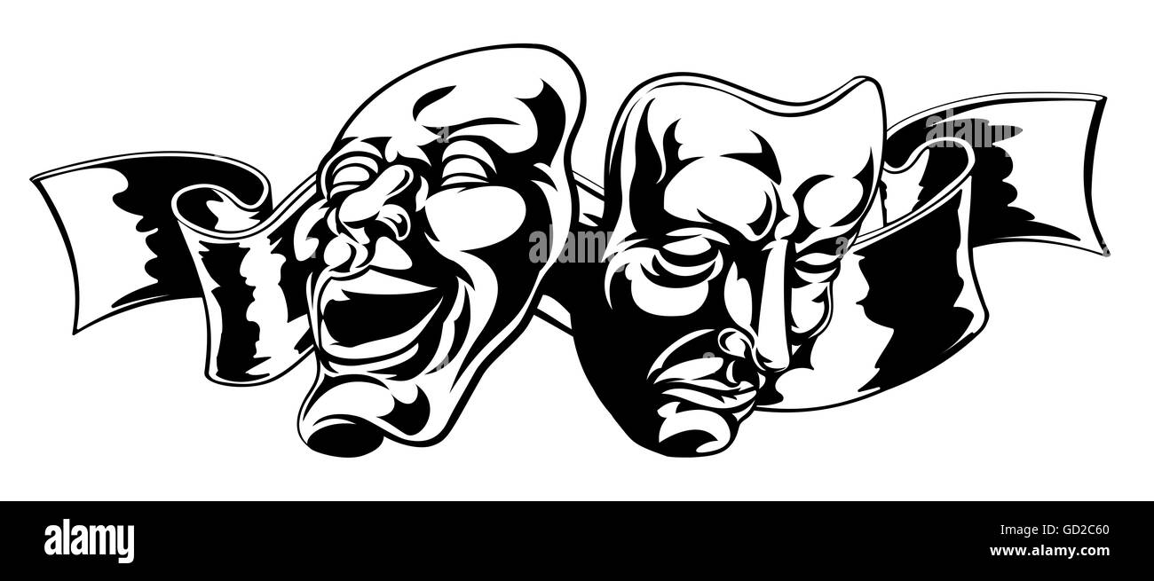 Illustration of theater comedy and tragedy masks one happy and one sad Stock Photo