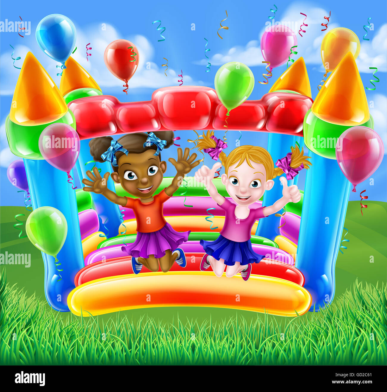 Kids having fun on a bouncy inflatable castle or house Stock Photo