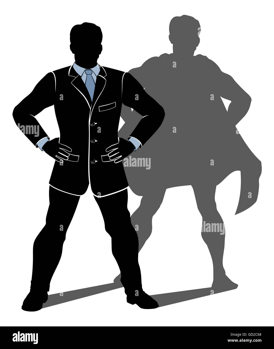 An illustration of a superhero businessman standing with hands on hips with shadow in shape of a caped super hero. Stock Photo