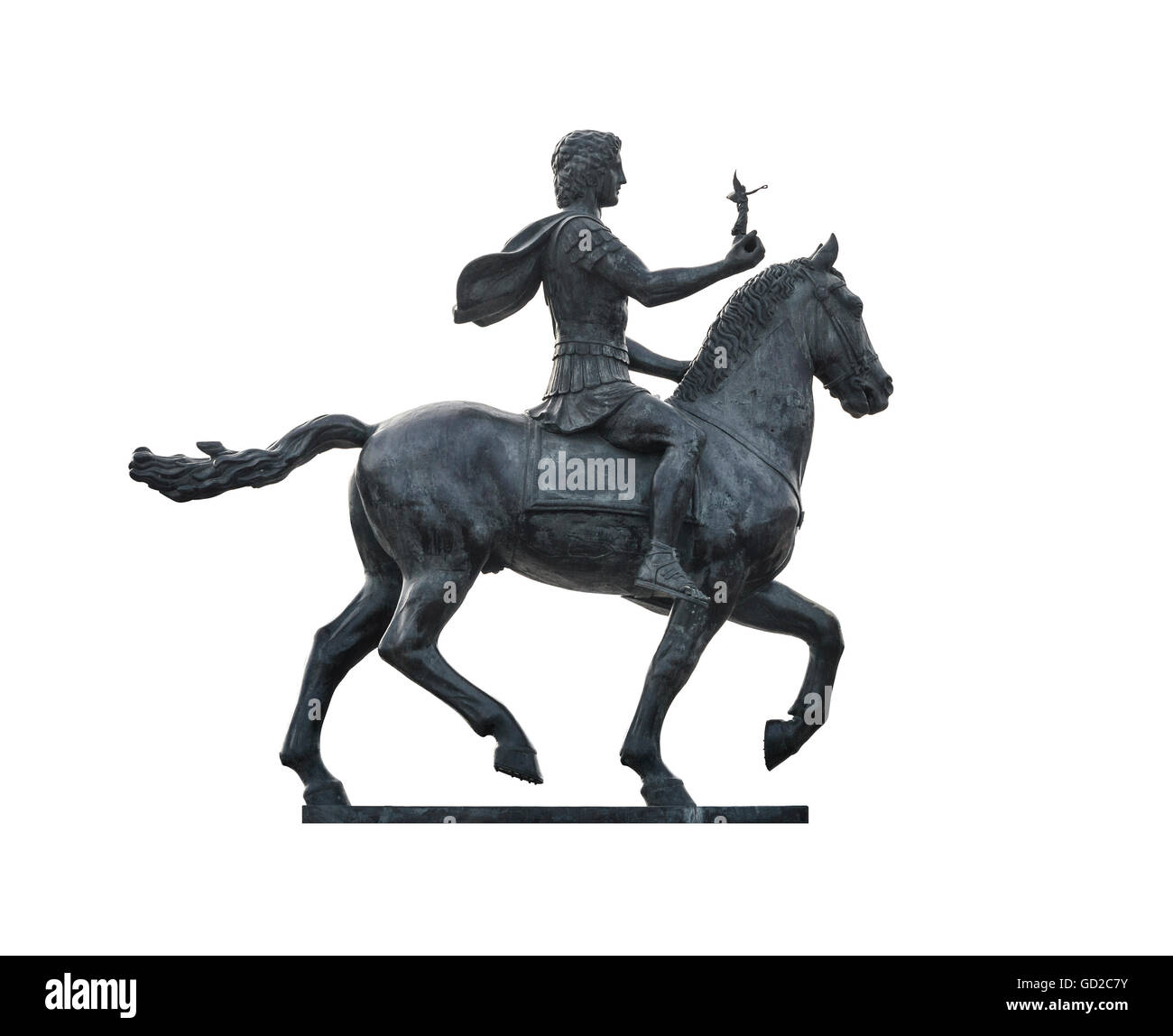 Statue of Alexander The Great Riding on Horse Isolated on White Background Stock Photo