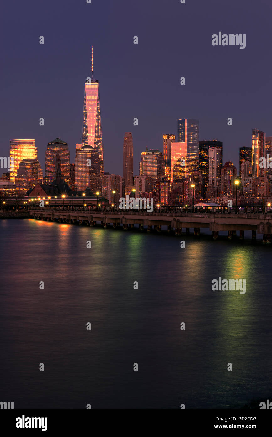 Manhattan skyline at sunset, Liberty State Park; Jersey City, New Jersey, United States of America Stock Photo