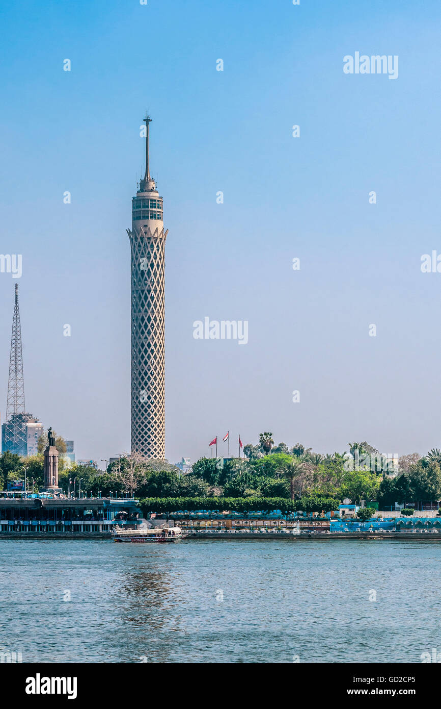 Egyptian Landmark of Cairo Tower over Blue Sky Stock Photo