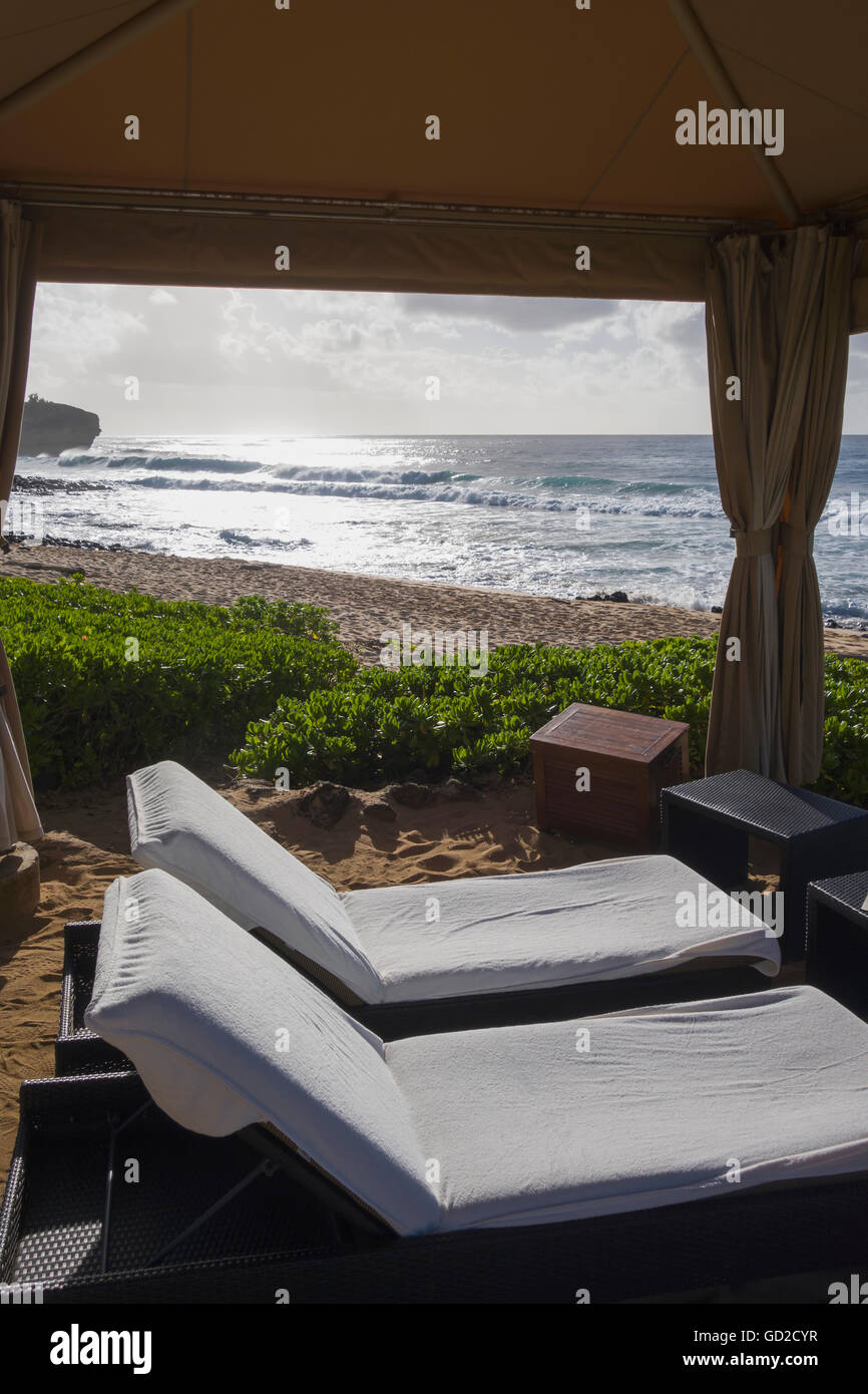 Private cabana near sandy beach of Keoniloa Bay near Poipu; Kauai, Hawaii, United States of America Stock Photo