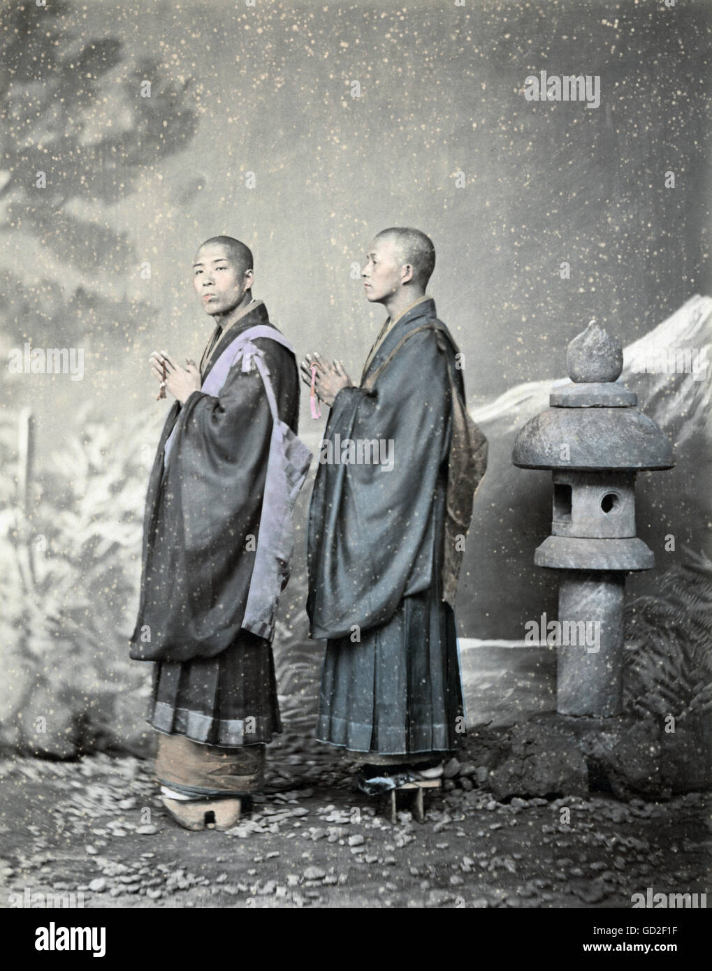 religion, Buddhism, Buddhist priests, photograph, coloured, late 19th century, Buddhist, shrine, shrines, devout, believer, believers, faithful, religious, historic, historical, robe, robes, prayer, praying, prayers, habit, monk, monks, priest, people, Additional-Rights-Clearences-Not Available Stock Photo