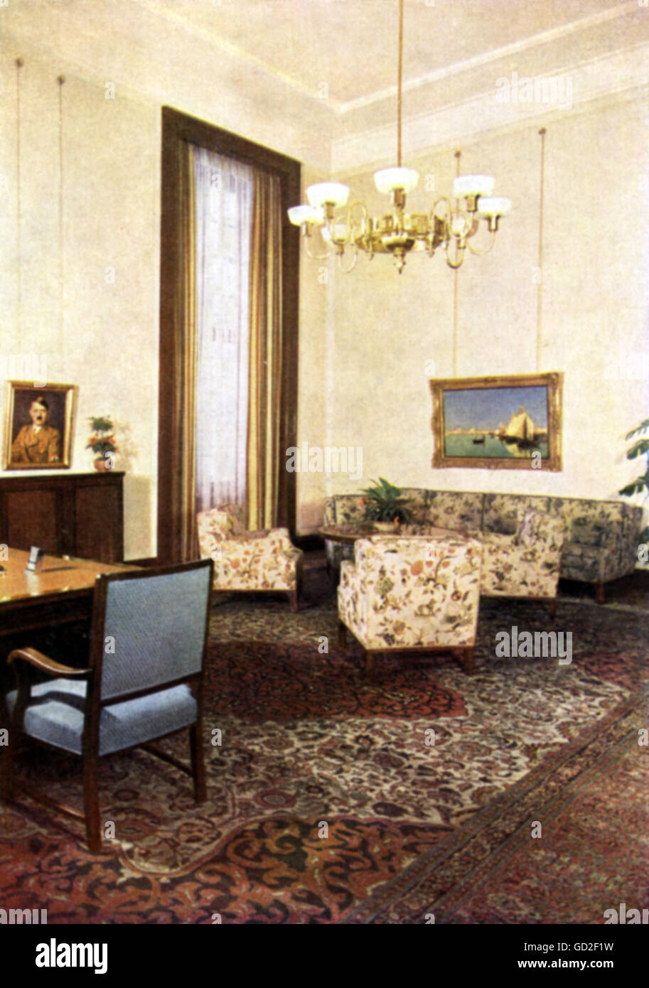 National Socialism, architecture, Neue Reichskanzlei (New Reich Chancellery), Berlin, architect: Hans Peter Klinke, construction supervision: Albert Speer, interior view, office of the Fuehrer's adjudant, coloured picture postcard, published by Heinrich Hoffman, 1939, Additional-Rights-Clearences-Not Available Stock Photo