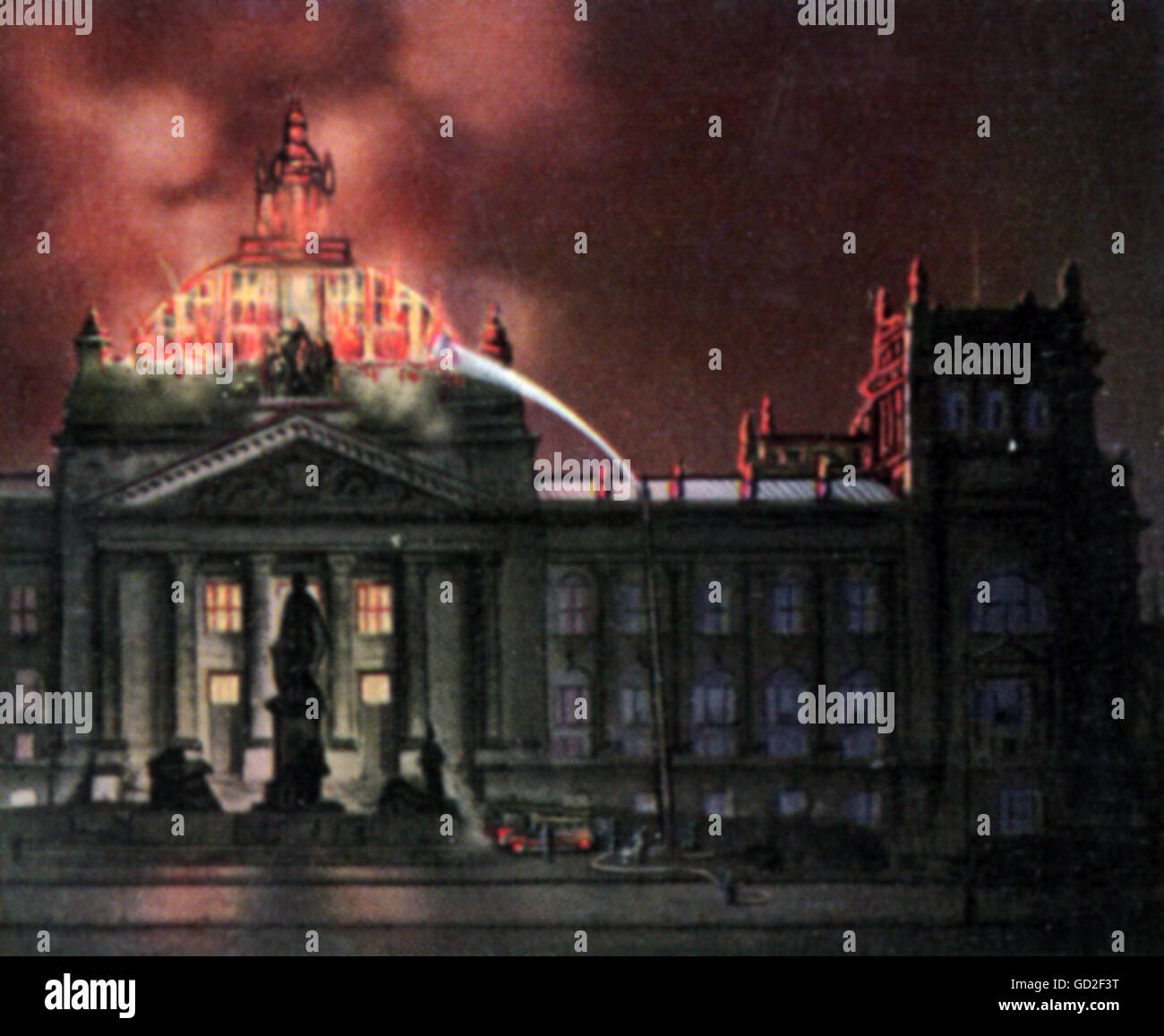 Reichstag fire 27. - 28.2.1933, coloured photograph, cigarette card, series 'Die Nachkriegszeit', 1935, Additional-Rights-Clearences-Not Available Stock Photo
