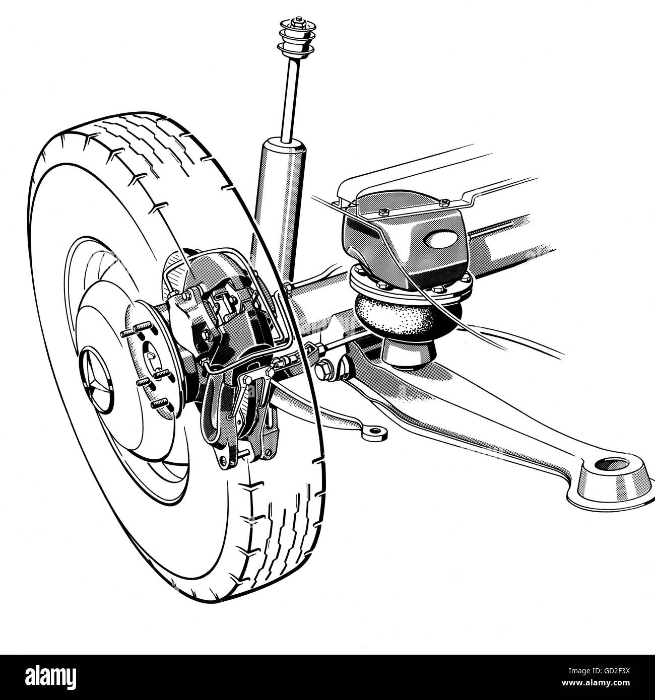 transport / transportation, cars, Mercedes-Benz 300 SE, rear axle with disc brake and air cushioning, drawing, 1961, Additional-Rights-Clearences-Not Available Stock Photo