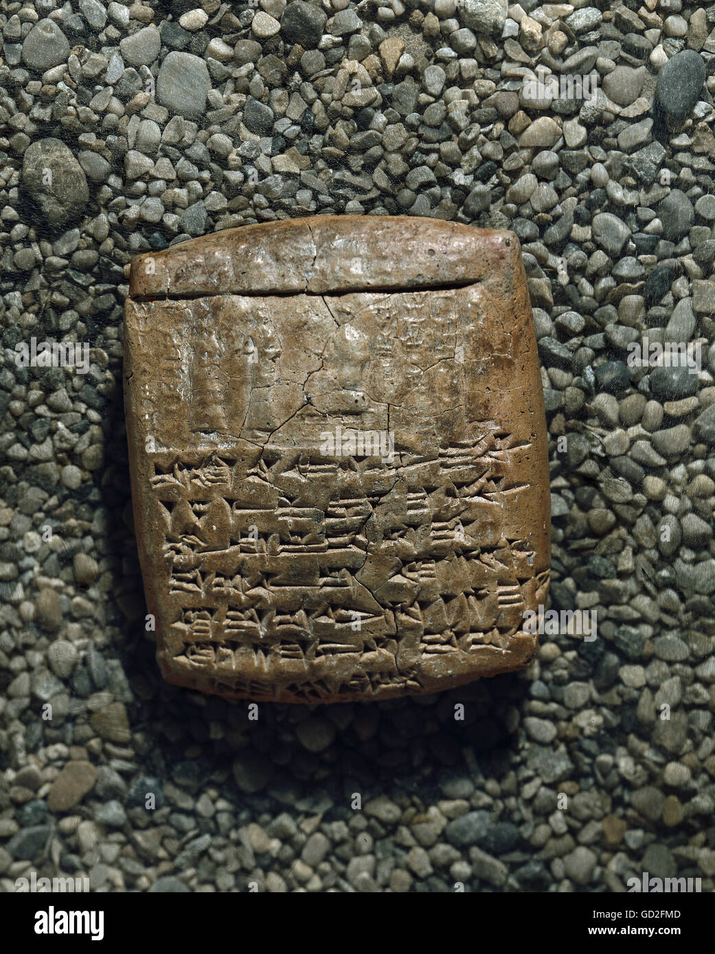 writing, script, cuneiform script, Ugarit, sale contract for a property from King Niqmepa V to his servant Amanichu, burned clay, circa 1300 BC, National Museum, Damascus, Syria, document, documents, trade, sale, sales, land, property sale, real estate, Mesopotamia, Bronze Age, clay tablet, historic, historical, ancient world, Additional-Rights-Clearences-Not Available Stock Photo