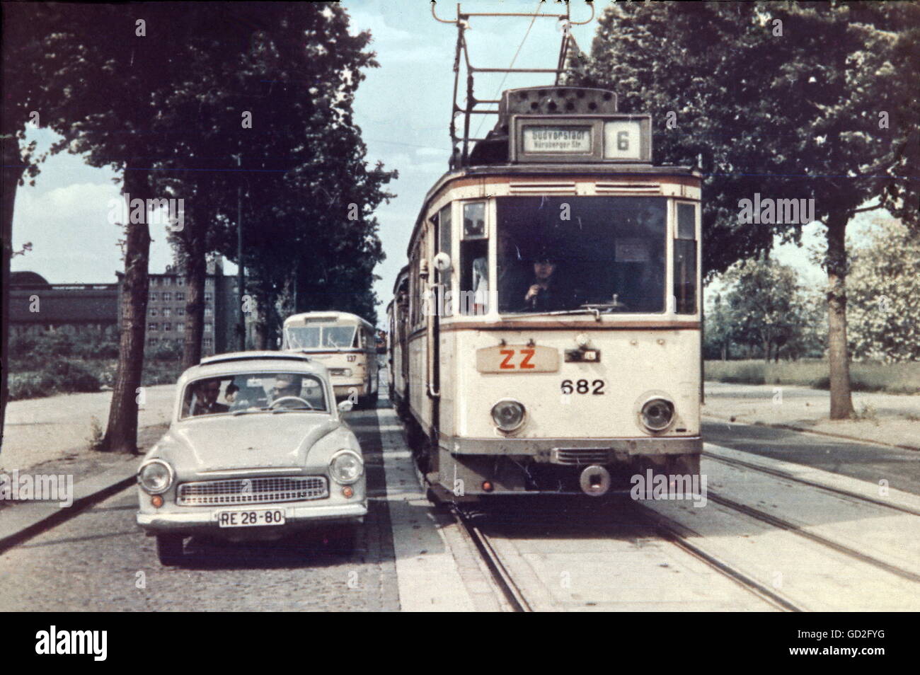 transport / transportation, road, car passing tram, driving school slide, Nuernberger Strasse