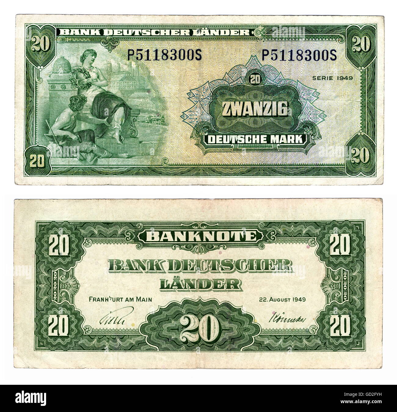 money / finances,banknote,first 20-Mark banknote,obverse and reverse side,during of the currency reform on 21.6.1948,in the western zones,was furthermore valid in the new founded federal republic,Germany,1949,20,DM,Deutschmark,German Mark,deutsche mark,deutschemark,deutschmark,twenty,mark,bank of German countries,forerunner of the German Central Bank,currency reform,currency reforms,post war money,economy,economic history,economic miracle,economic miracles,banknotes,allegoric illustration,allegory,steel engraving,steel engravings,,Additional-Rights-Clearences-Not Available Stock Photo