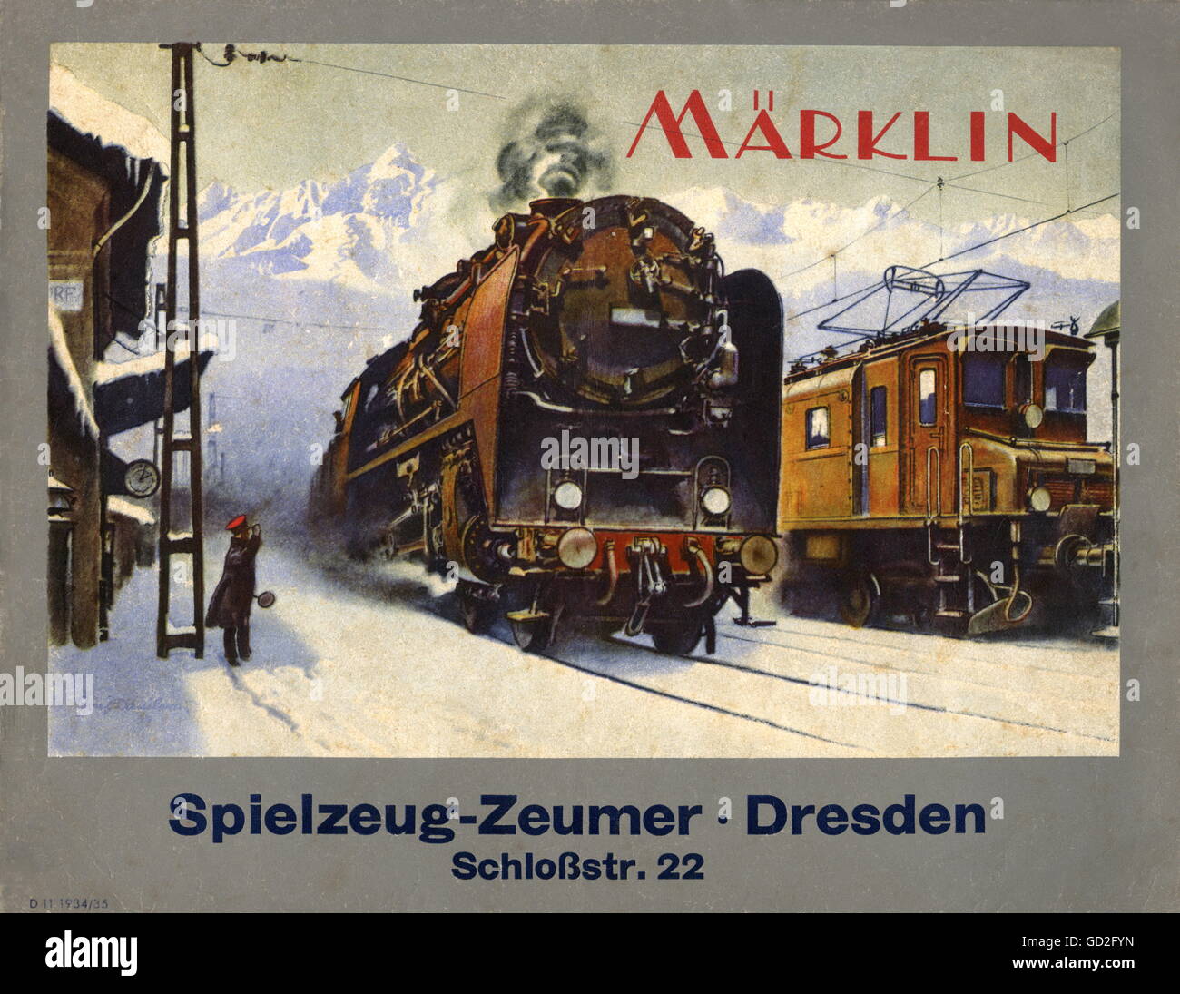 toys,model railroad,Maerklin catalogue 1934/1935,with dealer imprint Spielzeug-Zeumer,Dresden,Germany,1934,Märklin,catalog,catalogues,catalogs,printed catalogue,classified catalogue,toymaker,toy maker,toy manufacturer,toymakers,toy makers,steam locomotive in the snow,playthings,toy,plaything,toys catalogue,toying,illustration,30s,1930s,model railroad,model railway,toy train,toy trains,construction type,building technique,version,steam locomotive,steam locomotives,locomotive,loco,railway,railroad,railways,railroads,track,Additional-Rights-Clearences-Not Available Stock Photo