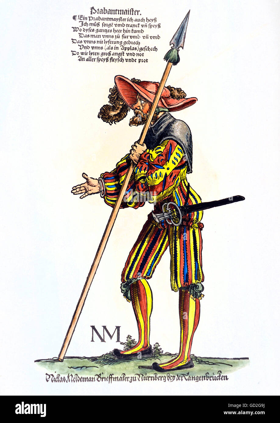 military, lansquenets, commissary of store, full length, standing, coloured woodcut, by Nikolaus Meldemann (+ 1552), circa 1520 - 1530, from: Warriors of his Roman Imperial Majesty at the age of the lansquenets, edited by August Johann Count Breuner von Enkevoirt, Vienna 1883, Additional-Rights-Clearences-Not Available Stock Photo