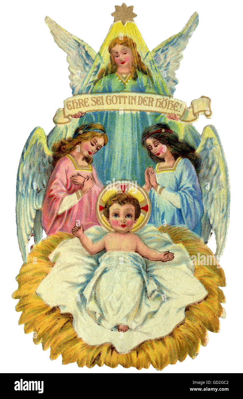 religion, Christianity, The Nativity, the infant Jesus in the crib, straw, angel, Glory to God in the highest, lithograph, Germany, circa 1910, Additional-Rights-Clearences-Not Available Stock Photo