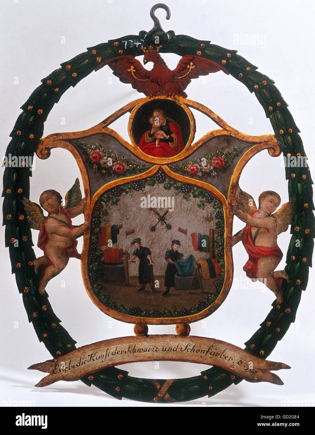 handicraft, guilds, guild symbol of the black dyers and palliators, Margraviate of Brandenburg, 18th century, guild, guilds, craftsman, craftsmen, craftsperson, craftspersons, craftspeople, tradesman, tradesmen, yer, people, men, man, working, work, labouring, laboring, labour, labor, colouring, coloring, fabric, fabrics, colour, color, colours, colors, Mark eagle, Prussia, Germany, historic, historical, argraviate of Brandenburg, Additional-Rights-Clearences-Not Available Stock Photo