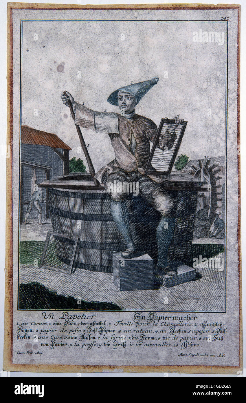 handicraft, paper maker, copper engraving by Martin Engelbrecht, Augsburg, 18th century, people, man, men, profession, professions, craftsman, craftsmen, craftsperson, craftspersons, craftspeople, tradesman, tradesmen, aper, paper, papers, vat, vats, Germany, historic, historical, male, Additional-Rights-Clearences-Not Available Stock Photo