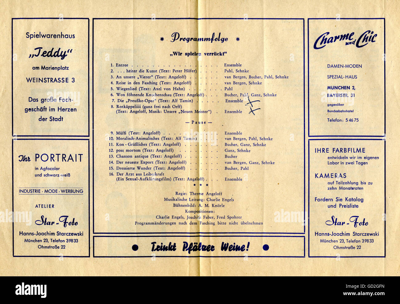 theatre / theater, cabaret, 'Die kleinen Fische' (The little fishes), 'Wir spielen verrückt' (We are going crazy), playbill, inside, program sequence, print: Georg Jakob, Munich, Germany, 1950s, Additional-Rights-Clearences-Not Available Stock Photo