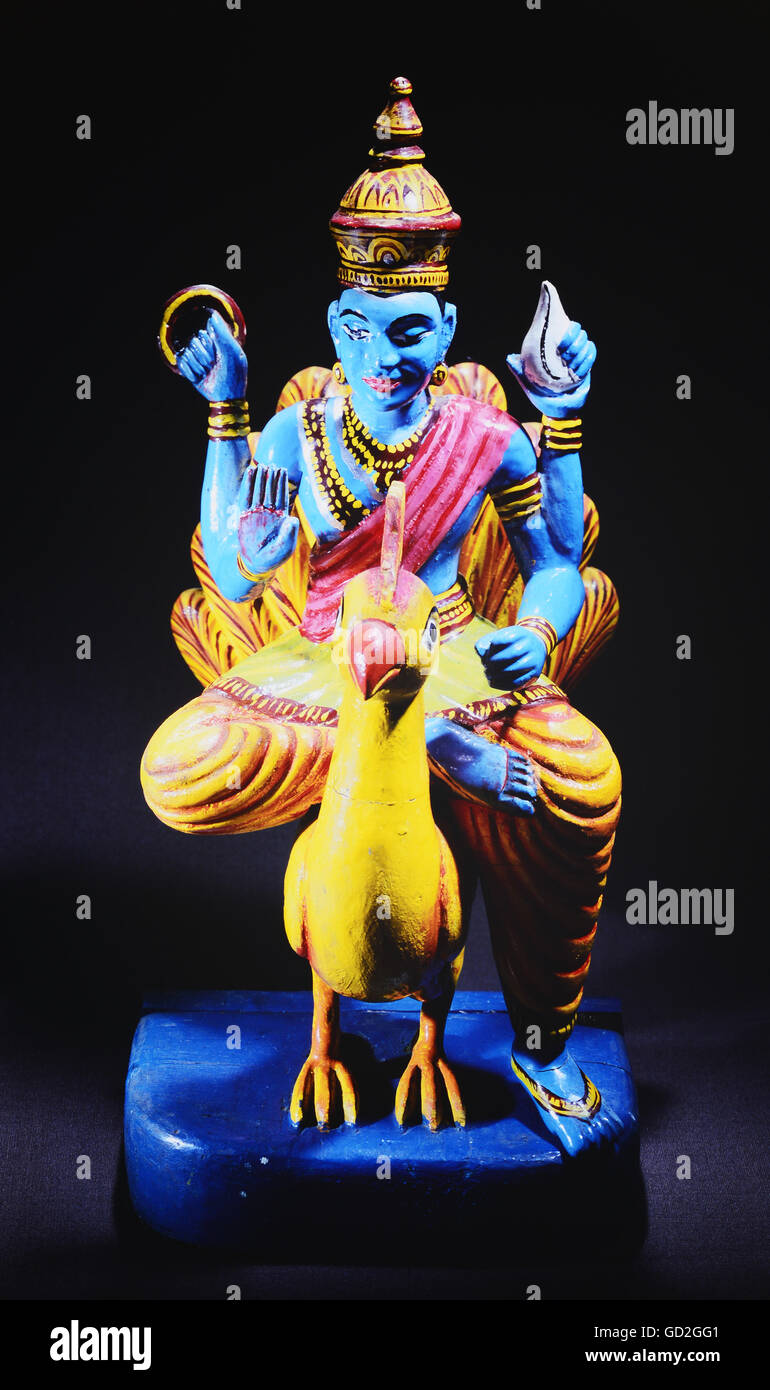 fine arts, Sri Lanka, sculpture, Vishnu riding on peacock, early 20th century, wood, polychromy, private collection, Artist's Copyright has not to be cleared Stock Photo