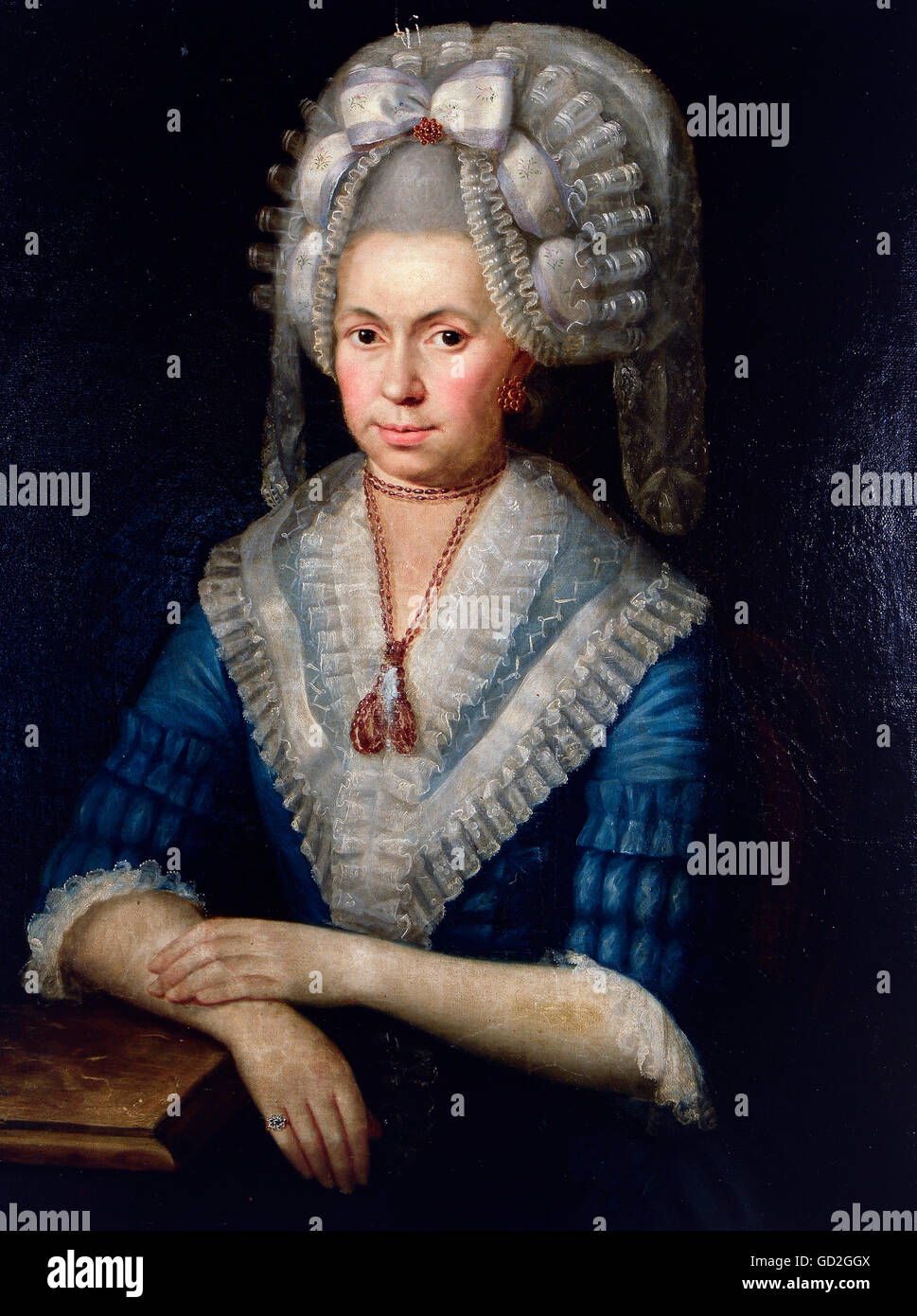 people, women, 16th - 18th century, older woman, painting, 18th century, Weinfurtner collection, 18th century, fine arts, art, art of painting, painting, half length, hair, hair style, hairstyle, hairdo, haircut, hair styles, hairstyles, haircuts, periwig, periwigs, wig, wigs, bow, veil, veils, fashion, dress, dresses, collar, collars, lace, jewellery, jewelry, necklace, necklaces, ear ring, earring, ear rings, earrings, ring, rings, representation, outfit, outfits, clothes, historic, historical, female, woman, Additional-Rights-Clearences-Not Available Stock Photo