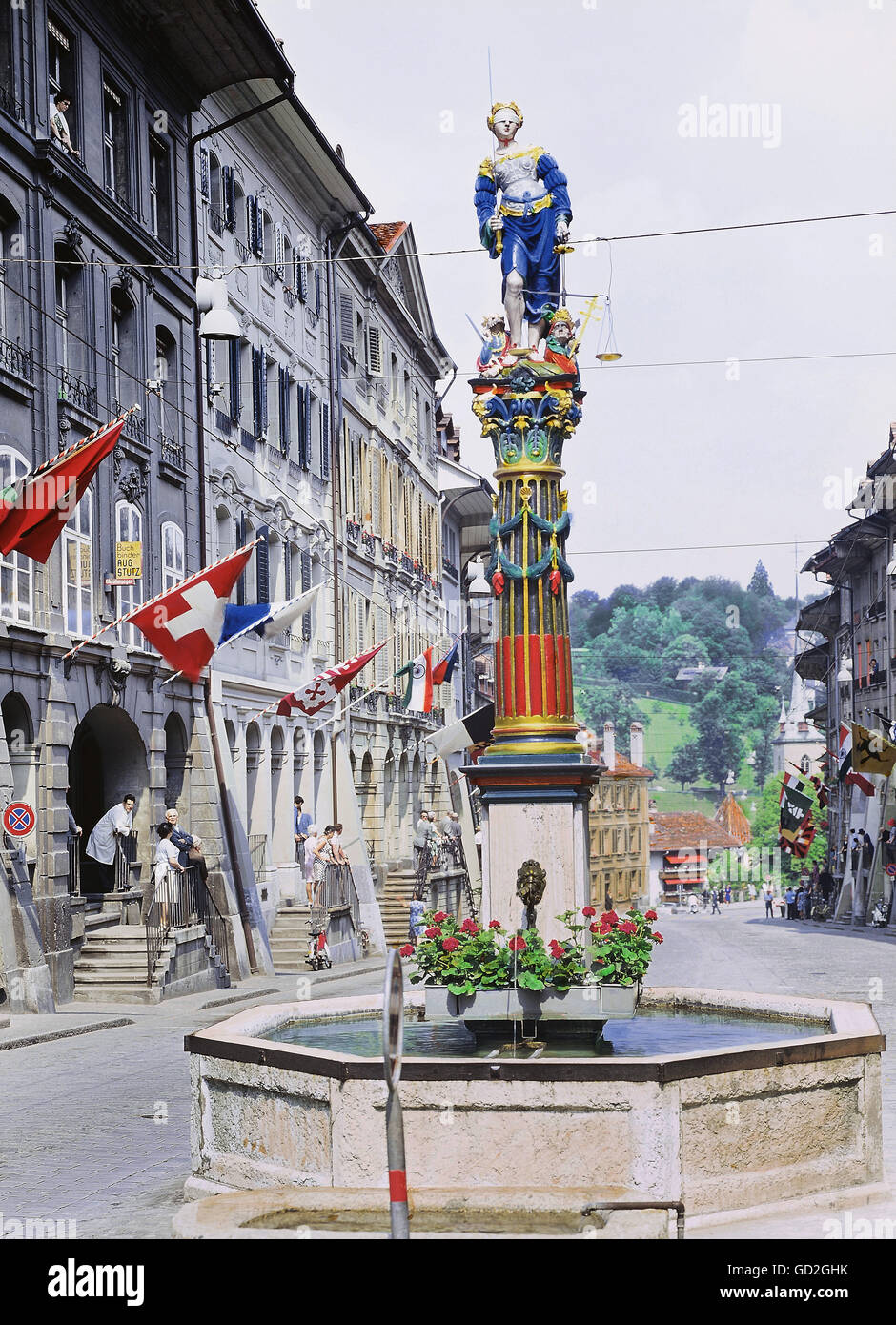 geography / travel, Switzerland, Bern, Bern, fountain, Fountain of Justice, Gerechtigkeitsgasse, built by Hans Gieng, 1543, 1970s, Artist's Copyright has not to be cleared Stock Photo