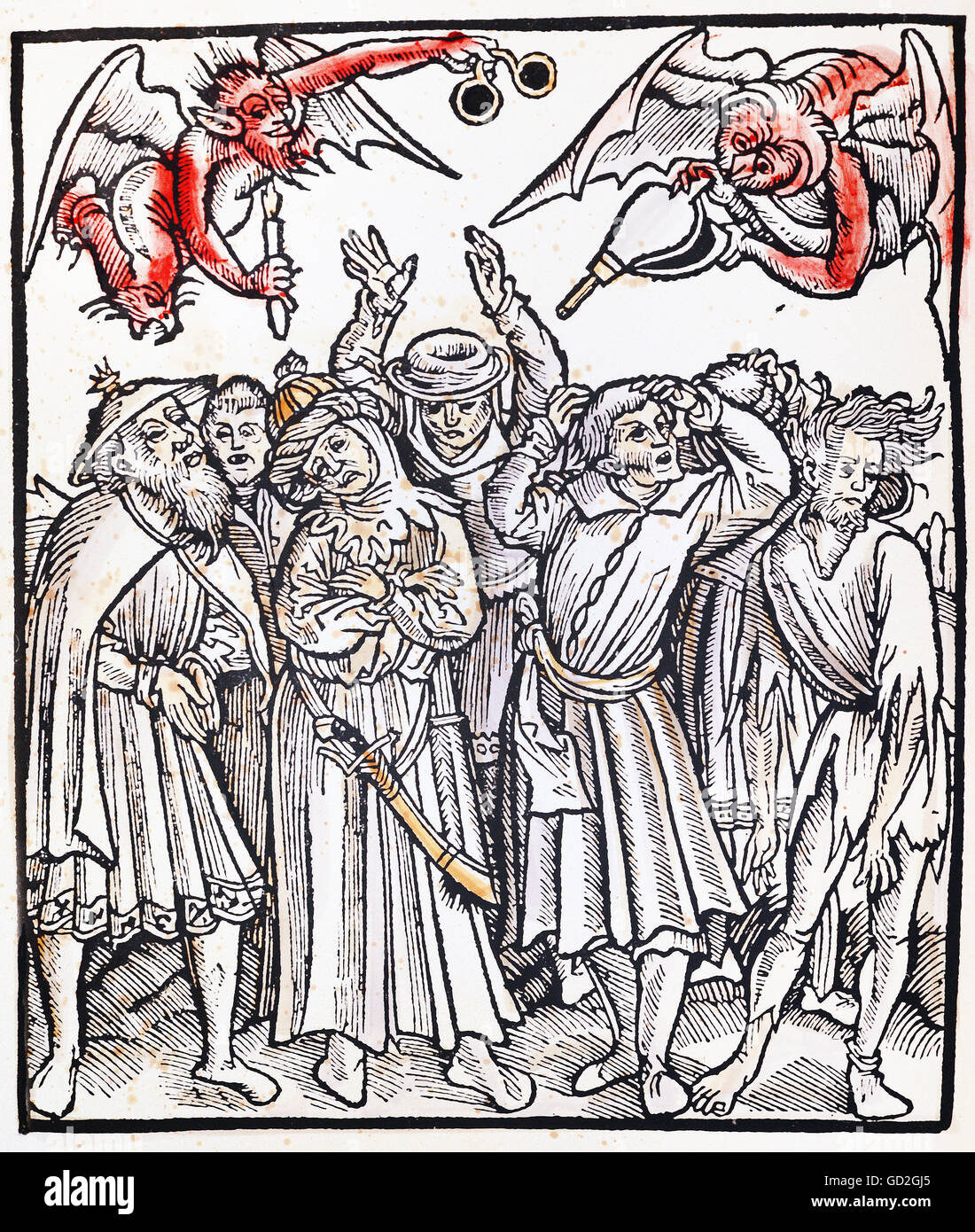 religion, Christianity, apocalypse / judgement day, people confused by false teachings and heresies of the devil, woodcut, coloured, with: Ortwin de Graes (1481 - 1542), 'Lamentationes obscurum virorum, title, Cologne, 1518, Additional-Rights-Clearences-Not Available Stock Photo