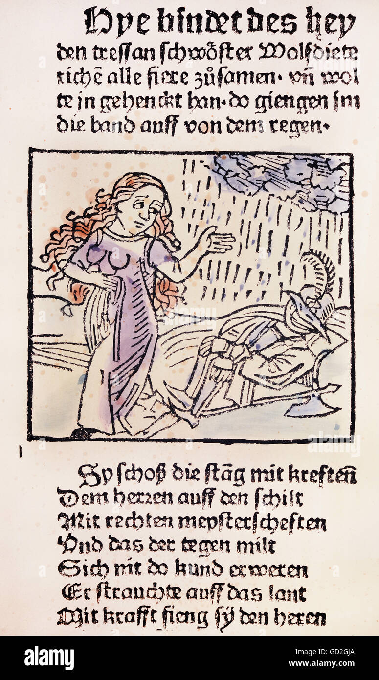 literature, Middle Ages, Wolfdietrich legend, coloured woodcut, Ulm, circa 1490, Additional-Rights-Clearences-Not Available Stock Photo