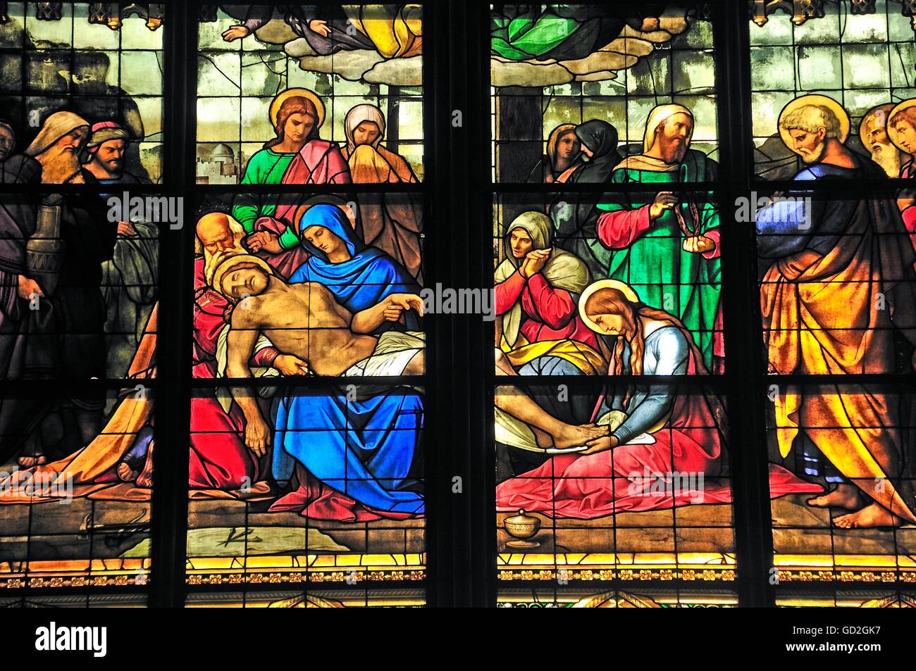 religion, Christianity, Jesus Christ, lamentation of Christ, lamentation window in the Cologne cathedral, Cologne, North Rhine-Westphalia, Germany, religious art, church window, church windows, suffer, life of suffering, passion, stained-glass window, biblical scene, biblical scenes, biblical story, biblical stories, Christian faith, Christianity, religion, religions, history of suffering, martyrdom, torture, ordeal, thorn way, Path to Crucifixion, pain, pains, historic, historical, man, men, male, woman, women, female, people, Additional-Rights-Clearences-Not Available Stock Photo