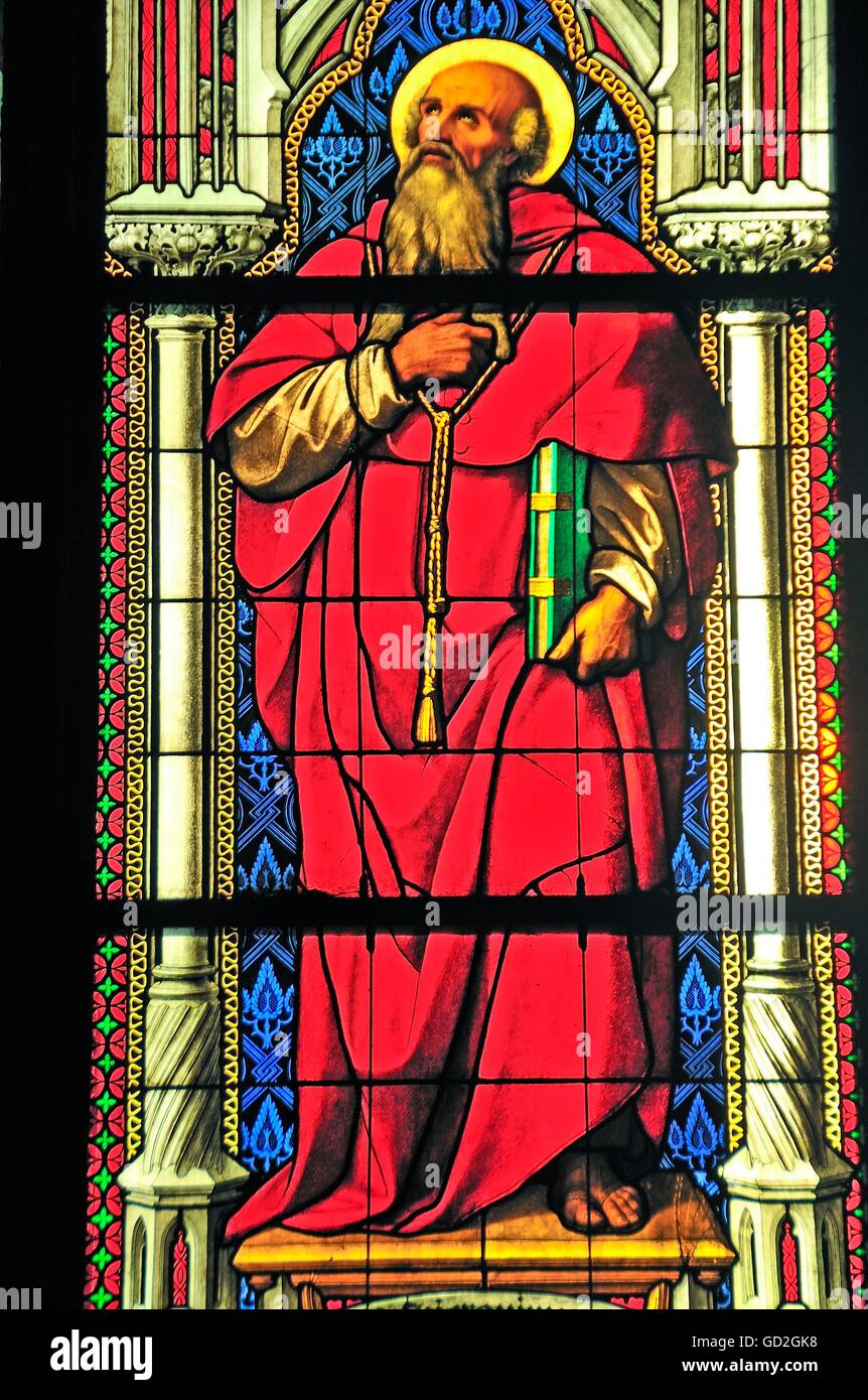 religion, Christianity, the Latin church father Jerome, the Pentecost window showing the descent of the Holy Spirit on Whitsun, Cologne Cathedral, North Rhine-Westphalia, Germany, fine arts, religious art, church window, church windows, stained-glass window, window, windows, full length, Cologne Cathedral, Christian faith, Christianity, historic, historical, biblical character, figure, characters, figures, man, men, male, people, Additional-Rights-Clearences-Not Available Stock Photo