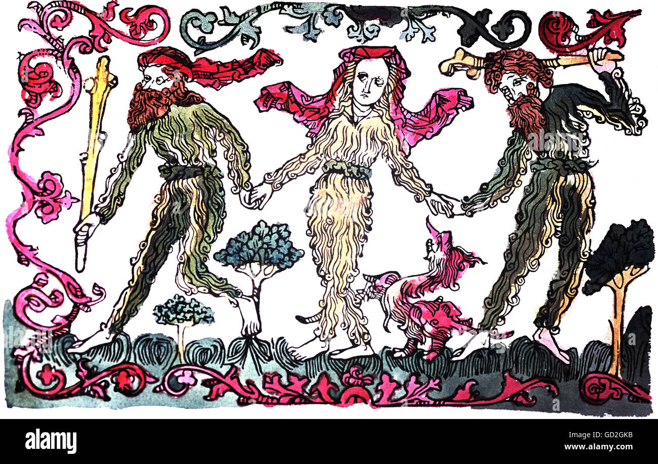 superstition, mythical creatures / monsters, 'Woodwoses', coloured woodcut, Upper Rhine, second half 15th century, private collection, Additional-Rights-Clearences-Not Available Stock Photo