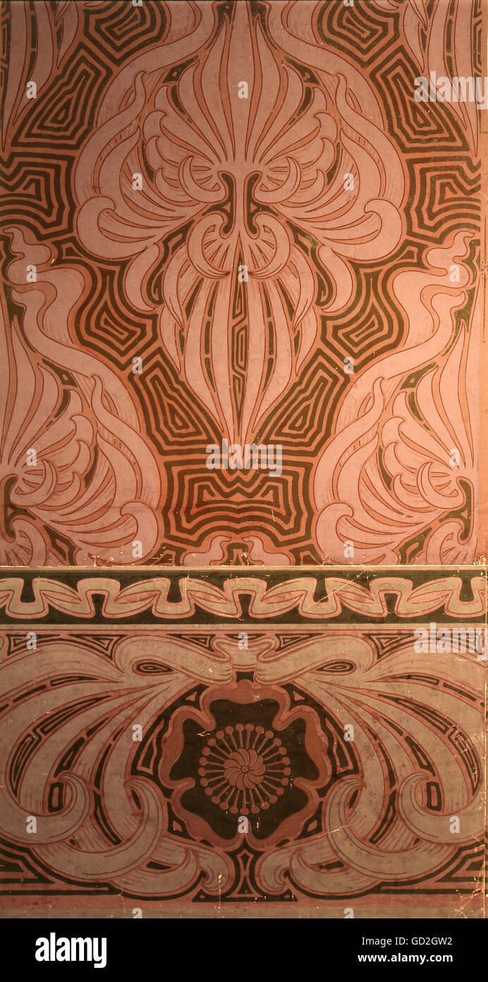 fine arts, Art Nouveau, wallpaper, elements in pink, old gold, dark green evolved froum flower blossoms, circa 1900 / 1910, German Wallpaper Museum, Kassel, Germany, Artist's Copyright has not to be cleared Stock Photo