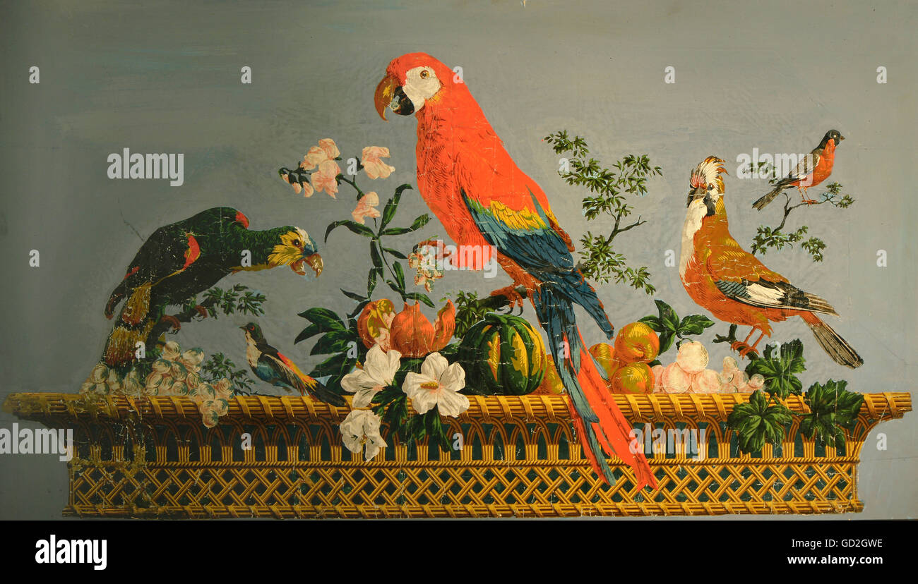 fine arts, wallpaper, fruit basket with parrots and jays, after design by Laurent Malaine, printed by Zuber & Cie. Paris, 1794, German Wallpaper Museum, Kassel, Germany, Artist's Copyright has not to be cleared Stock Photo