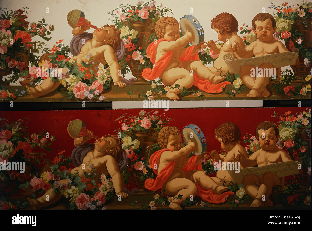 fine arts, wallpaper, frieze with putti in front of bright and dark background, second half 19th century, German Wallpaper Museum, Kassel, Germany, Artist's Copyright has not to be cleared Stock Photo