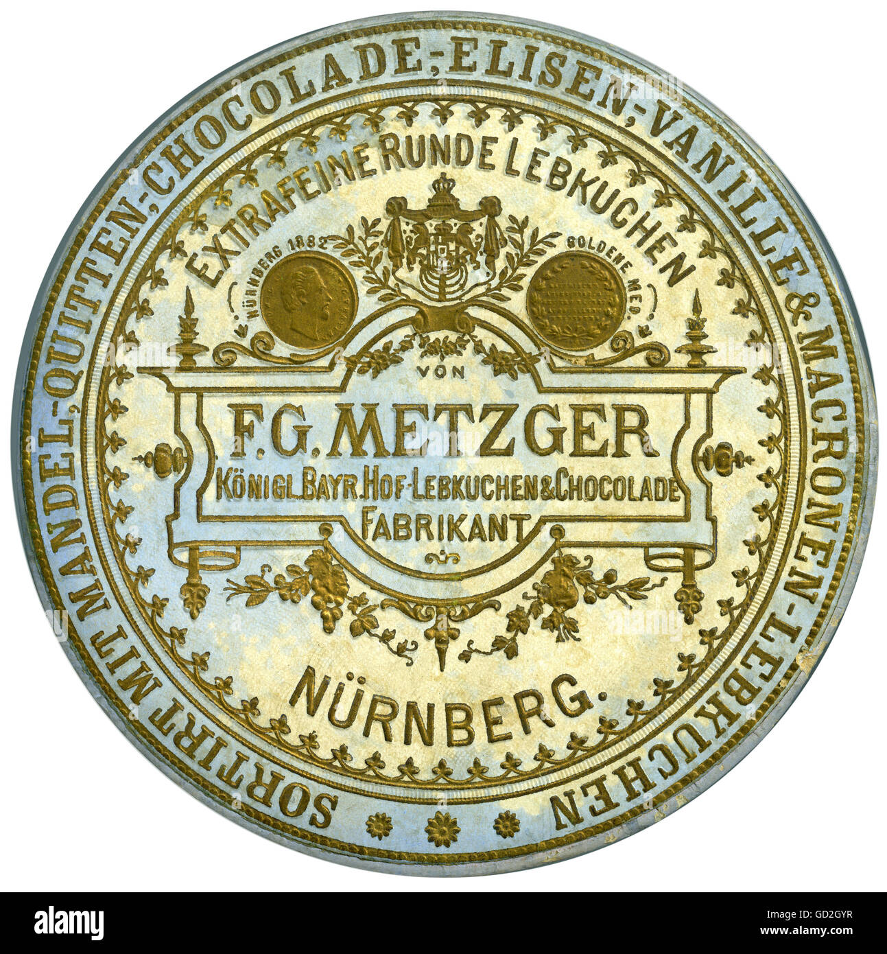 food, Nuremberg gingerbread, made by F. G. Metzger, Royal Bavarian Gingerbread & Chocolade Manufacturer, Nuremberg, traditional company, today Haeberlein butcher, decorative cover of a vintage gingerbread box, top side of the box, Germany, circa 1885, Additional-Rights-Clearences-Not Available Stock Photo