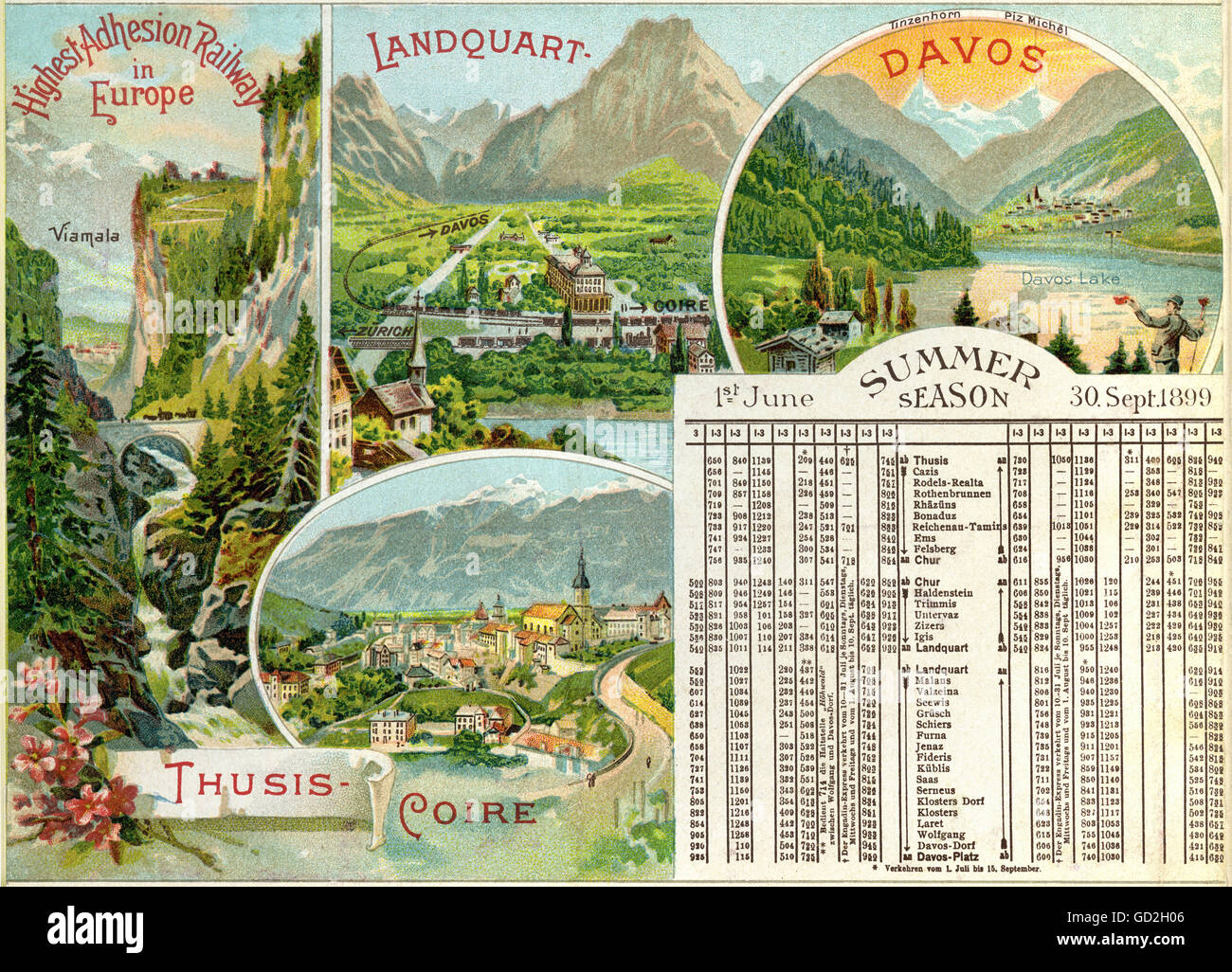 transport / transportation,railway,Rhaetian railway,adhesion railway,opened: 1888,enhanced: 1896,summer timetable 1899 for international tourists in English,lithograph,Switzerland,1899,narrow gauge railway,rail connection,rail link,railroad service,railway service,railway connections,tracks,Thusis,Chur,Landquart,Davos,beginning of the Swiss tourism,Alps,infrastructure,departure times,timetable,time-table,schedule,timetables,time-tables,schedules,connection,connexion,connections,connexions,technology,technologies,traffic engi,Additional-Rights-Clearences-Not Available Stock Photo