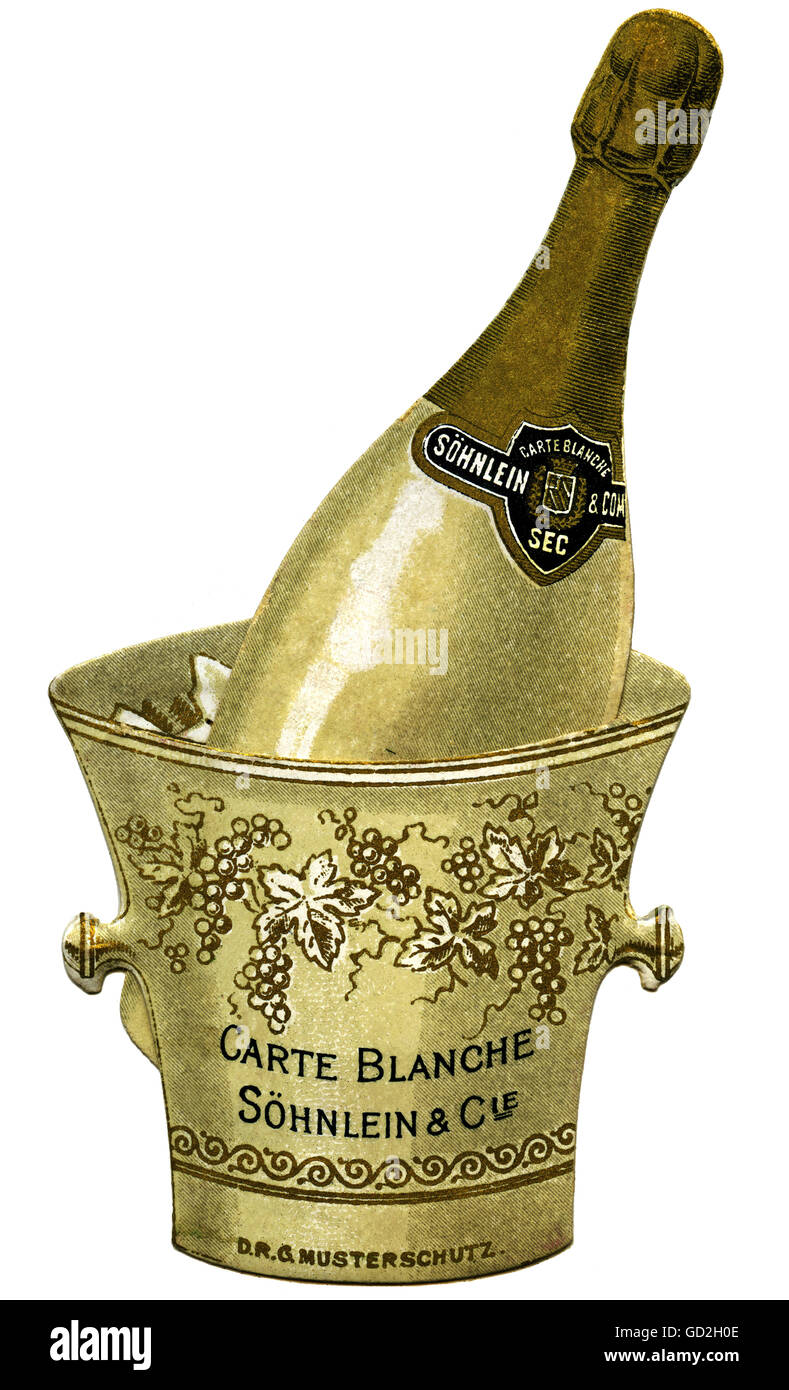 alcohol, sparkling wine, Soehnlein sparkling wine, champagne bottle in champagne bucket, advertising vignette, first German sparkling wine brand, at that time: Soehnlein & Co Company, Rheingau sparkling wine producer's Act. Ges., wine producer in Wiesbaden-Schierstein, Germany, circa 1895, Additional-Rights-Clearences-Not Available Stock Photo