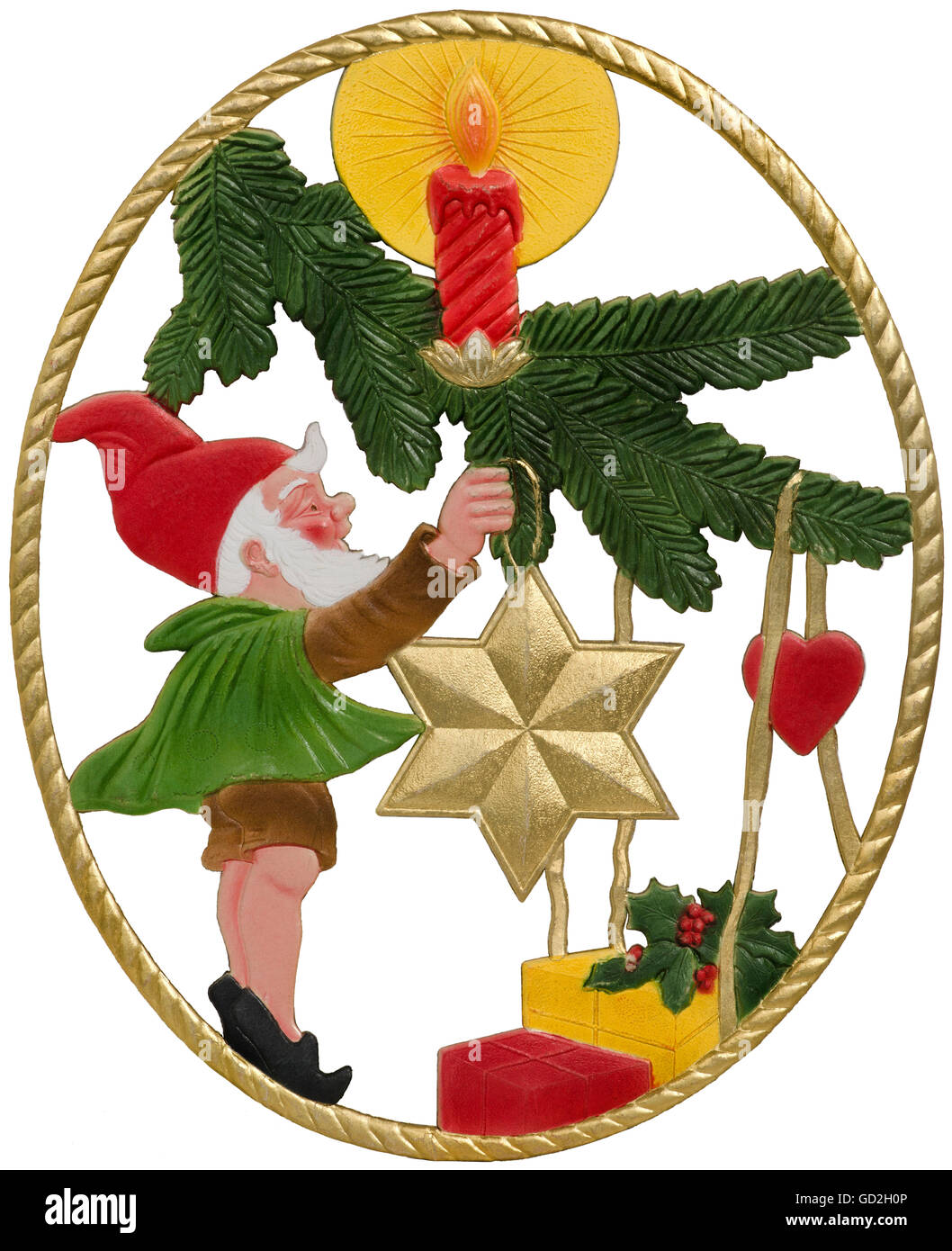 Christmas, decoration, gnome is decorating a Christmas tree, window dressing, papier-mache, Germany, circa 1955, Additional-Rights-Clearences-Not Available Stock Photo