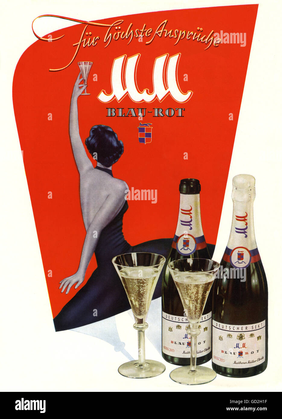 advertising, alcohol, sparkling wine advertising of the champagne producer's MM Matheus Mueller, Eltville on the Rhine, woman in elegant evening dress with sparkling wine MM blue-red, Germany, 1959, Additional-Rights-Clearences-Not Available Stock Photo