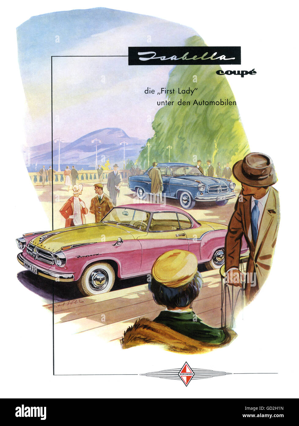 advertising, automobiles, for Borgward Isabelle coupe, 75 horsepower, maximum speed: 150 kph, two-door model, made by: Carl F. W. Borgward private limited corporation, automotive and engine works, Bremen, the Isabelle coupe was produced from 1957-1961, Germany, 1959, car advertising, automobile industry, advertising, Made in Germany, economic miracle, economic miracles, German, Germans, 50s, 1950s, car industry, auindustry, 20th century, historic, historical, people, Additional-Rights-Clearences-Not Available Stock Photo