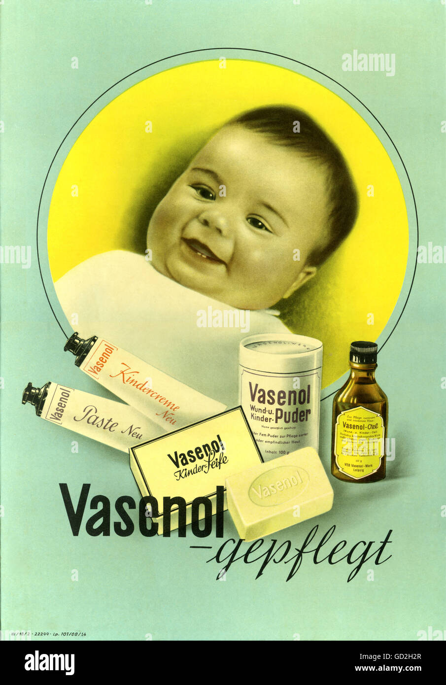 advertising, body care, Vasenol, products for babies and infants, care edition, made by: VEB Vasenol-Werk Leipzig, promotional sign, advertising slogan 'Vasenol-gepflegt', Leipzig, Germany, East-Germany, 1954, Additional-Rights-Clearences-Not Available Stock Photo