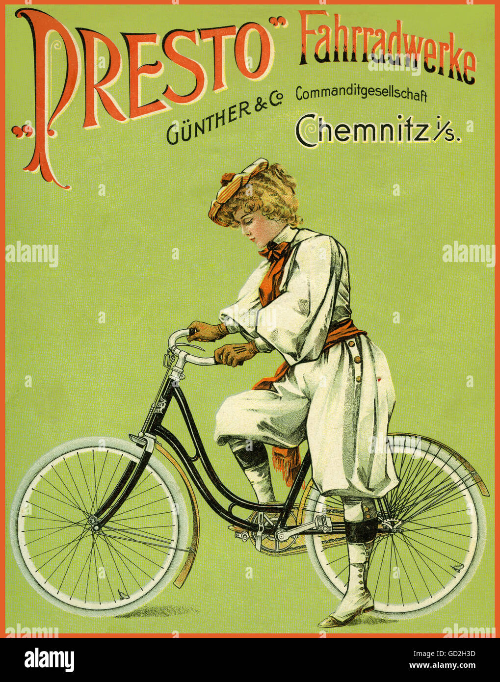 advertising,bicycle advertising,for the Presto bicycle plants,Guenther & Co. limited commercial partnership,Chemnitz,Saxony,founded 1895,lithograph,Germany,1899,bicycle advertisement,female bicyclist,woman,women,branded bike,bicycles,bikes,Presto Company,sporty,sporting,sports,sporting dress,leisure time,free time,spare time,leisure wear,casual wear,sports history,cutting out with a pastry wheel,cut out with a pastry wheel,driving,advertising,brand,brands,branded,company,companies,economy,illustration,litho,promotional le,Additional-Rights-Clearences-Not Available Stock Photo