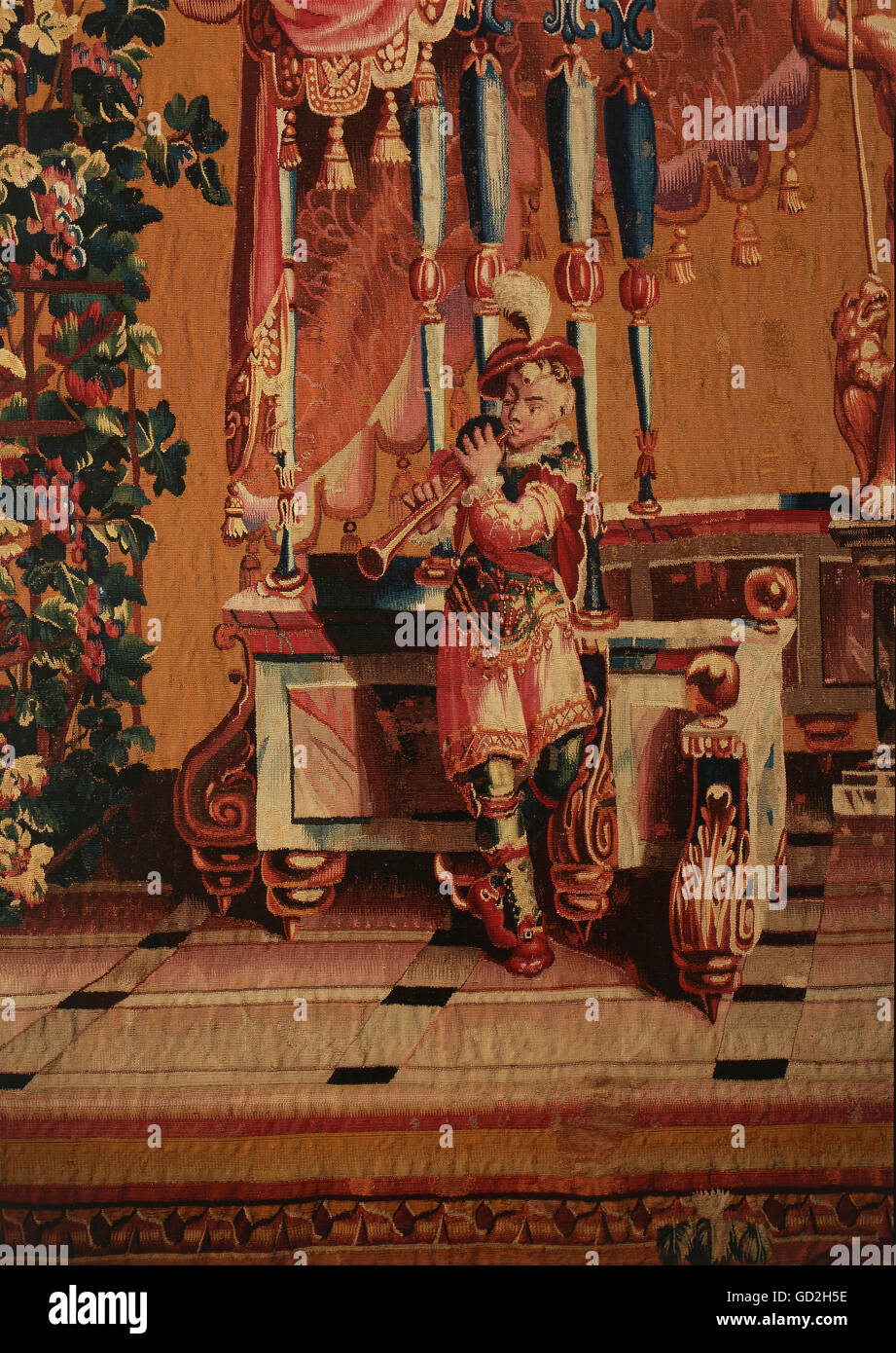 fine arts, tapestry, Dionysus with thyrsos, detail, clarinet player, from the grotesques series, by Philippe Behagle, after design by Jean Berain, Beauvais manufactory, circa 1700, silk, wool, knitted, 334 x 275 cm, Baden State Museum, Bruchsal castle, Artist's Copyright has not to be cleared Stock Photo