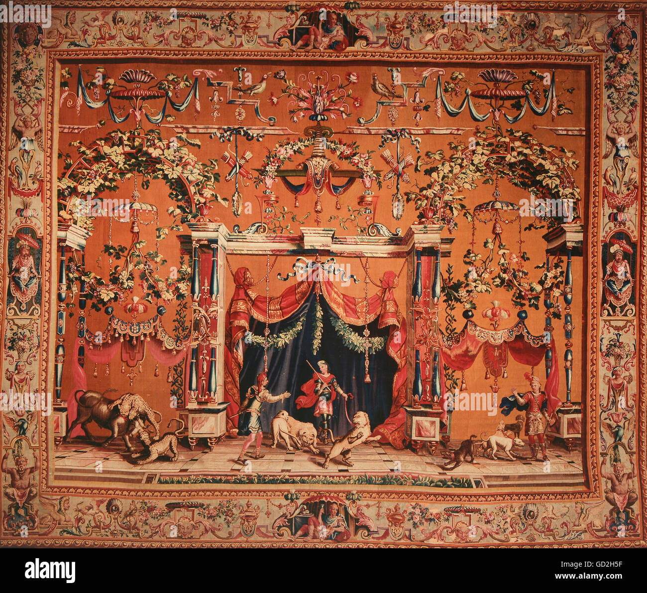 fine arts, tapestry, scenes of animal taming and animal fights in phantastic architecture, from the grotesques series, by Philippe Behagle, after design by Jean Berain, Beauvais manufactory, circa 1700, silk, wool, knitted, 327 x 393 cm, Baden State Museum, Bruchsal castle, Artist's Copyright has not to be cleared Stock Photo