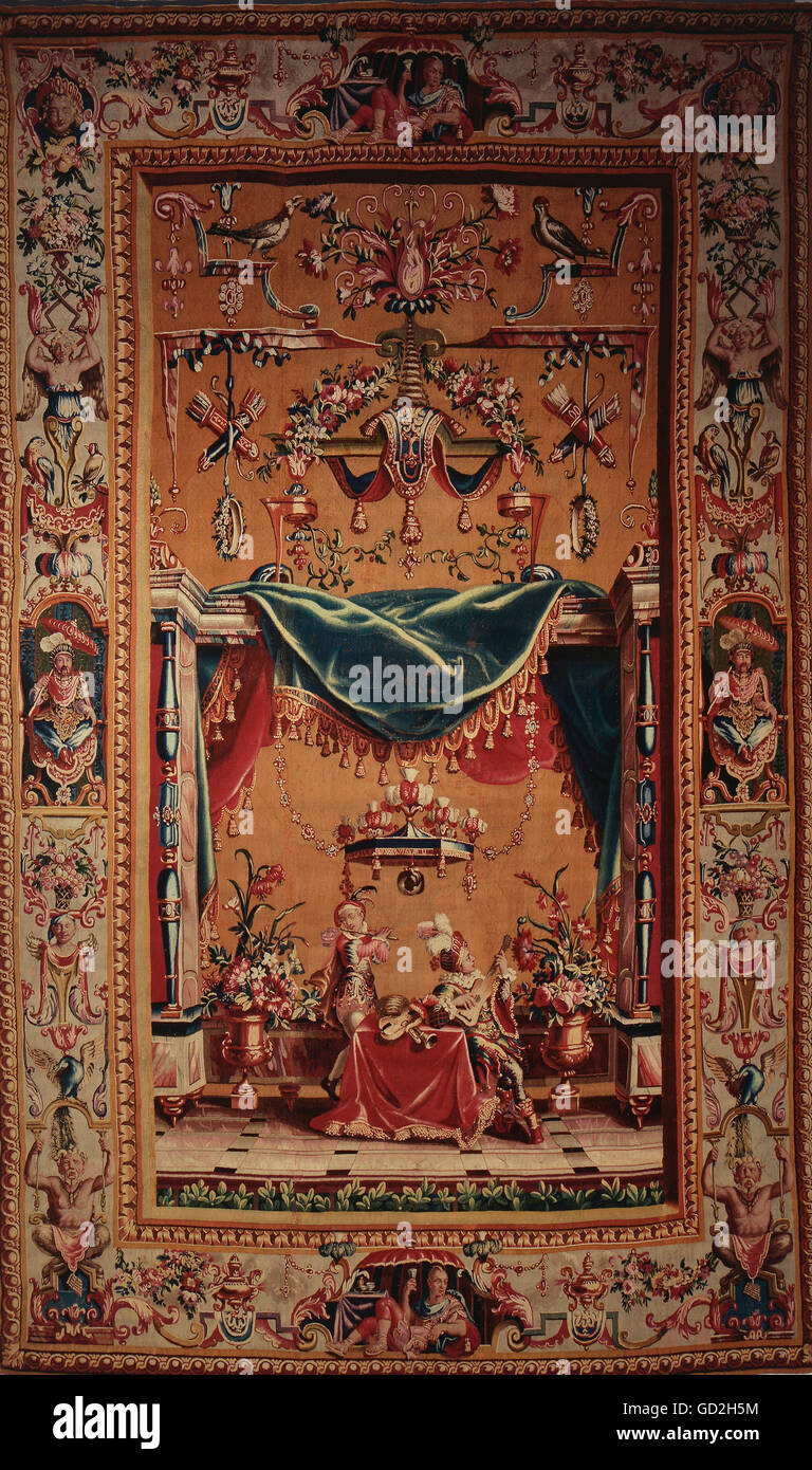 fine arts, tapestry, musicians in phantastic architecture, from the grotesques series, by Philippe Behagle, after design by Jean Berain, Beauvais manufactory, circa 1700, silk, wool, knitted, 331 x 199 cm, Baden State Museum, Bruchsal castle, Artist's Copyright has not to be cleared Stock Photo