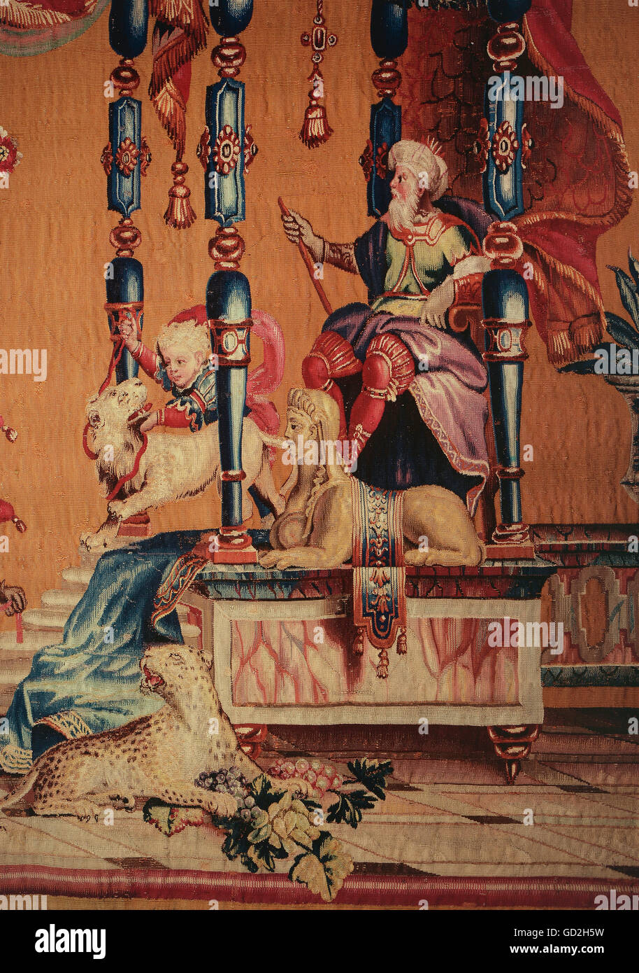 fine arts, tapestry, musicians and artist in phantastic architecture, detail, oriental prince, from the grotesques series, by Philippe Behagle, after design by Jean Berain, Beauvais manufactory, circa 1700, silk, wool, knitted, 320 x 498 cm, Baden State Museum, Bruchsal castle, Artist's Copyright has not to be cleared Stock Photo