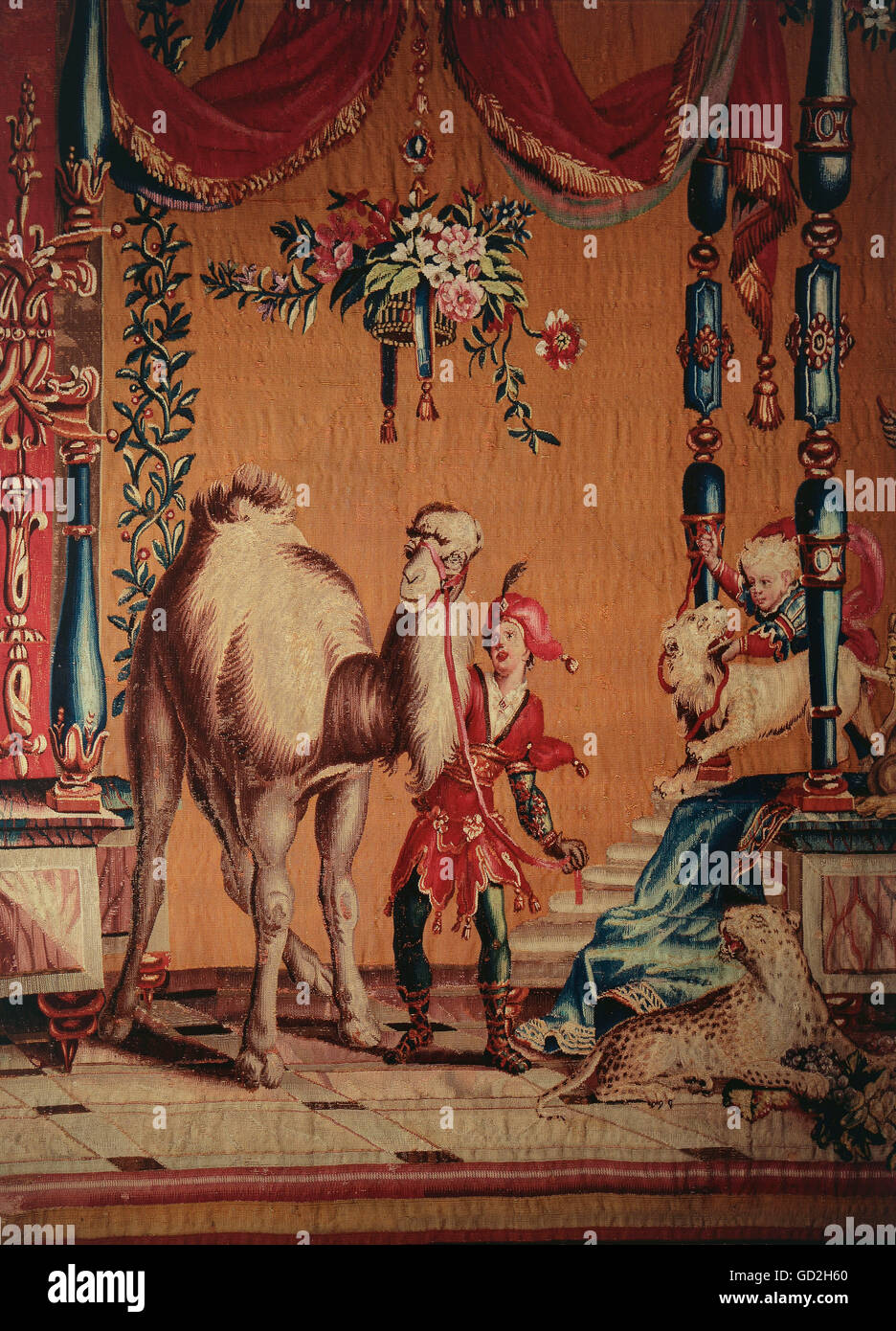 fine arts, tapestry, musicians and artist in phantastic architecture, detail, presentation of a dromedary, from the grotesques series, by Philippe Behagle, after design by Jean Berain, Beauvais manufactory, circa 1700, silk, wool, knitted, 320 x 498 cm, Baden State Museum, Bruchsal castle, Artist's Copyright has not to be cleared Stock Photo