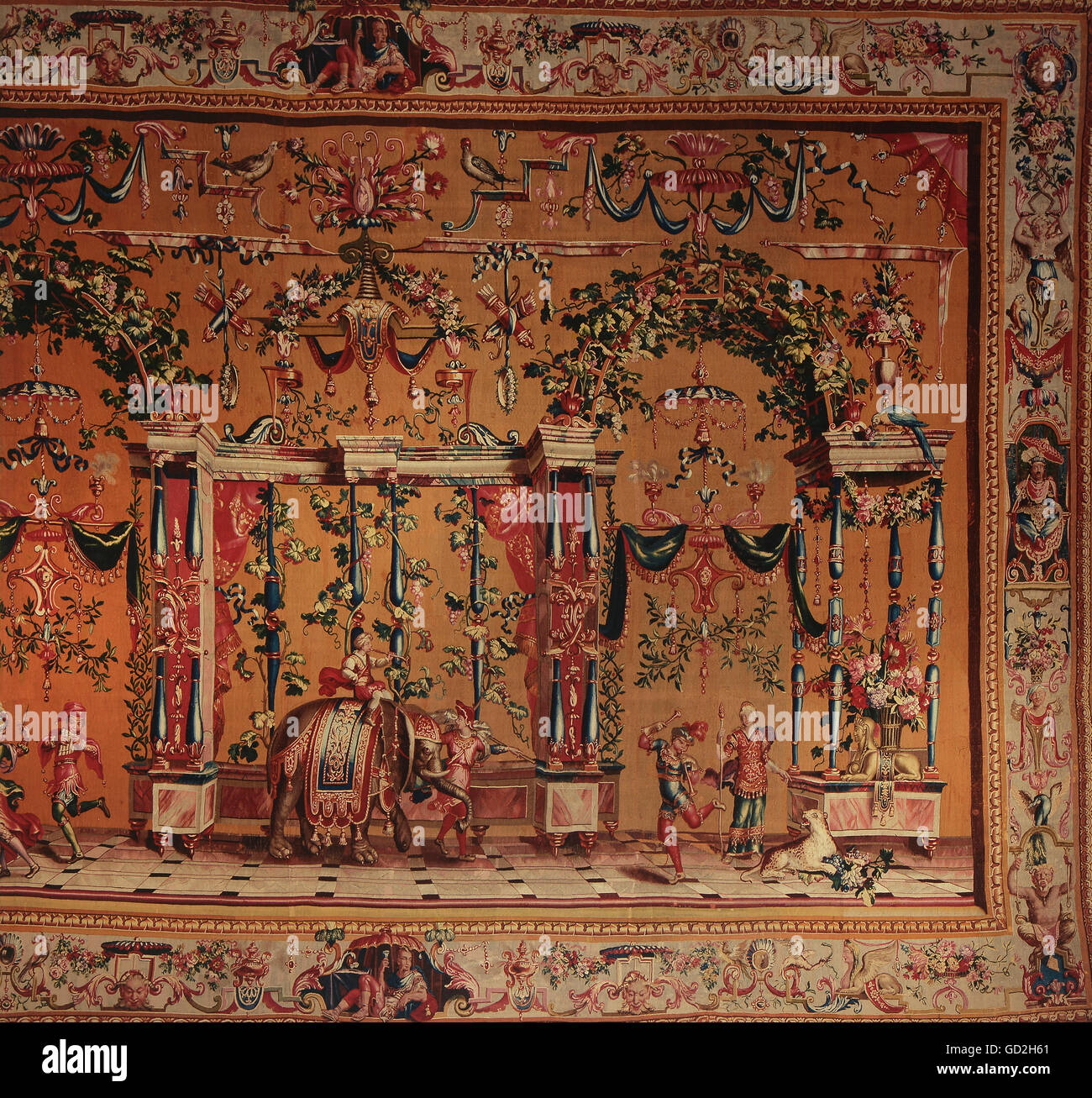 fine arts, tapestry, musicians and animals in phantastic architecture, from the grotesques series, by Philippe Behagle, after design by Jean Berain, Beauvais manufactory, circa 1700, silk, wool, knitted, Baden State Museum, Bruchsal castle, Artist's Copyright has not to be cleared Stock Photo